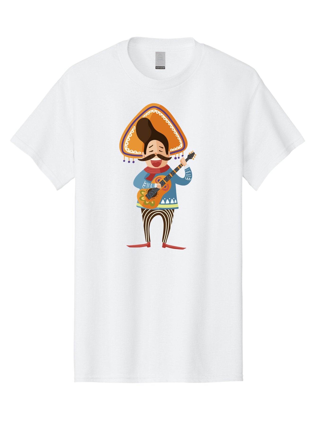 Mariachi-Man Men'S Graphic Tee, 100% Cotton, Comfortable Casual Summer Wear, Machine Washable, Mariachi Musician, Playing Guitar, Wearing Sombrero, Traditional Mexican Clothing, Striped Pants, Red Boots, Festive Atmosphere, Latin Music, Aad721 7