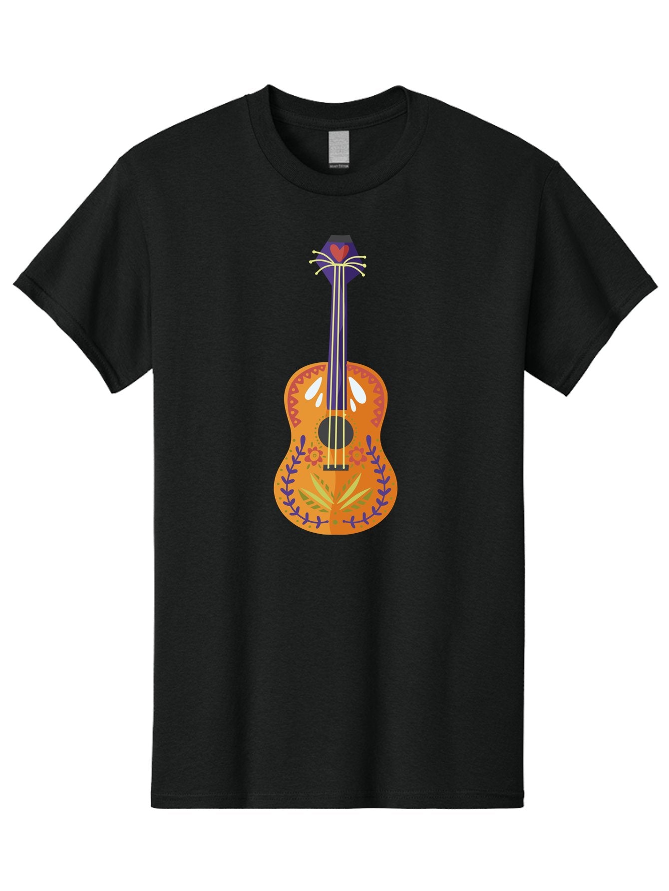 Mexican-Guitar Men'S Graphic Tee, 100% Cotton, Comfortable Casual Summer Wear, Machine Washable, Acoustic Guitar, Stringed Instrument, Music, Floral Pattern, Red And Blue Design, Orange Body, Yellow And White Strings, Cat Face Headstock Aad722 7