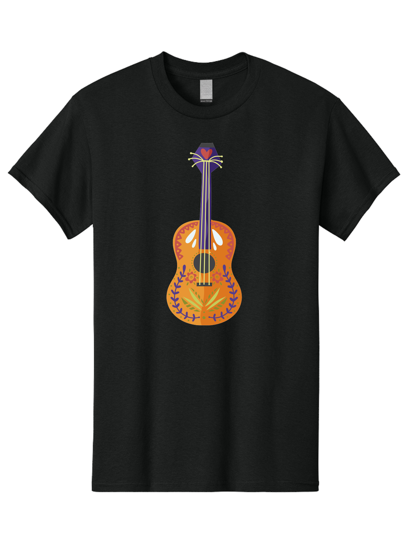 Mexican-Guitar Men'S Graphic Tee, 100% Cotton, Comfortable Casual Summer Wear, Machine Washable, Acoustic Guitar, Stringed Instrument, Music, Floral Pattern, Red And Blue Design, Orange Body, Yellow And White Strings, Cat Face Headstock Aad722 25