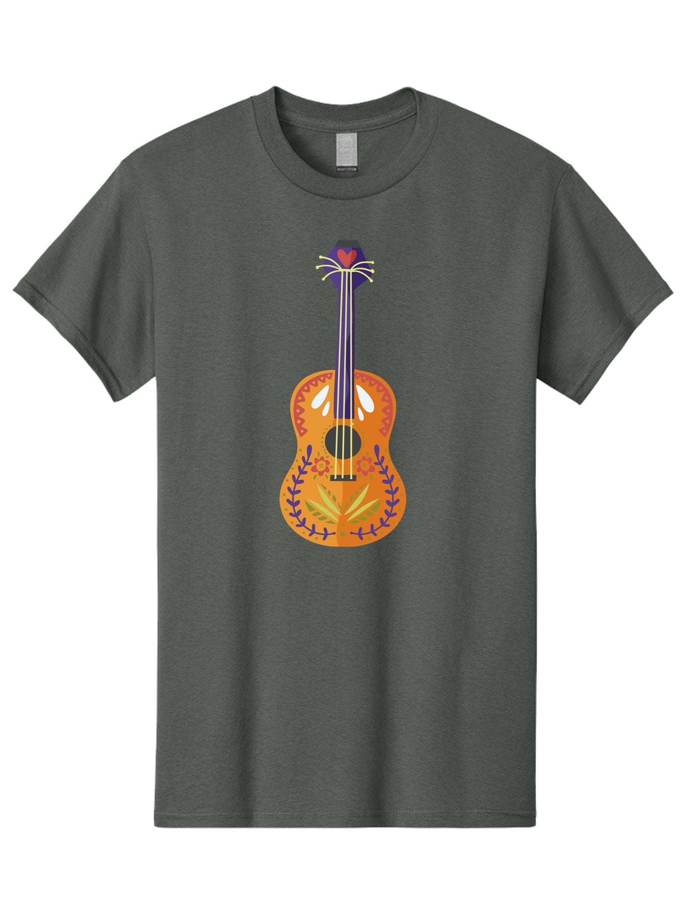 Mexican-Guitar Men'S Graphic Tee, 100% Cotton, Comfortable Casual Summer Wear, Machine Washable, Acoustic Guitar, Stringed Instrument, Music, Floral Pattern, Red And Blue Design, Orange Body, Yellow And White Strings, Cat Face Headstock Aad722 4