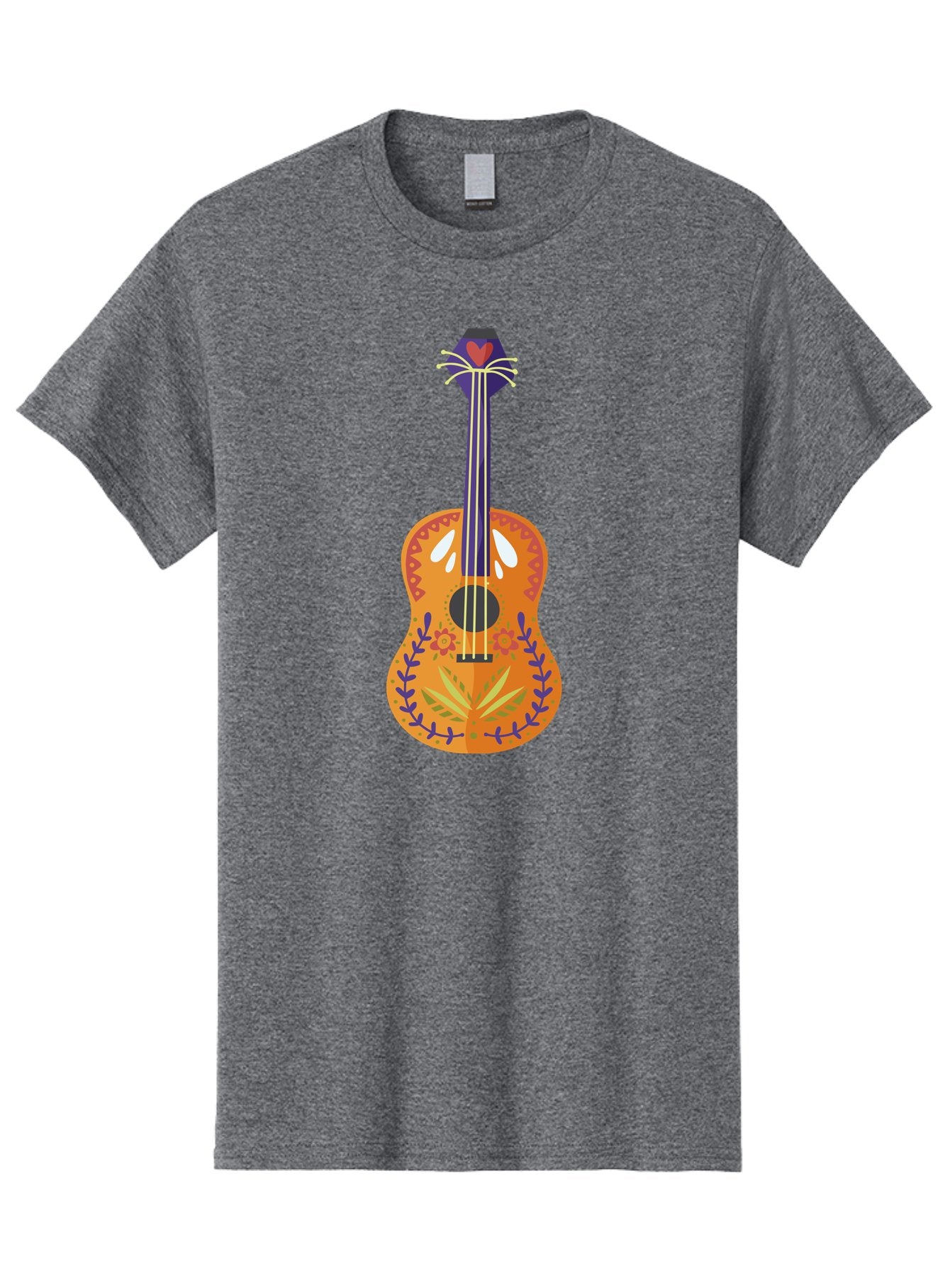 Mexican-Guitar Men'S Graphic Tee, 100% Cotton, Comfortable Casual Summer Wear, Machine Washable, Acoustic Guitar, Stringed Instrument, Music, Floral Pattern, Red And Blue Design, Orange Body, Yellow And White Strings, Cat Face Headstock Aad722