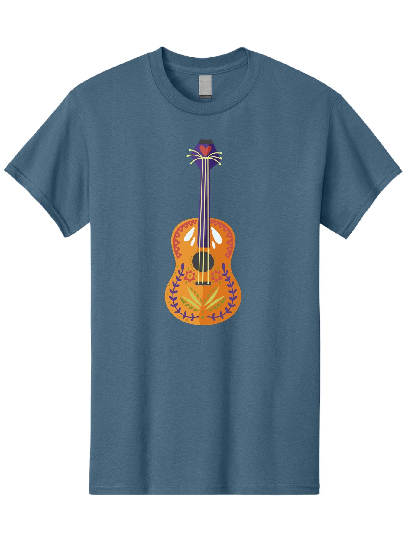 Mexican-Guitar Men'S Graphic Tee, 100% Cotton, Comfortable Casual Summer Wear, Machine Washable, Acoustic Guitar, Stringed Instrument, Music, Floral Pattern, Red And Blue Design, Orange Body, Yellow And White Strings, Cat Face Headstock Aad722