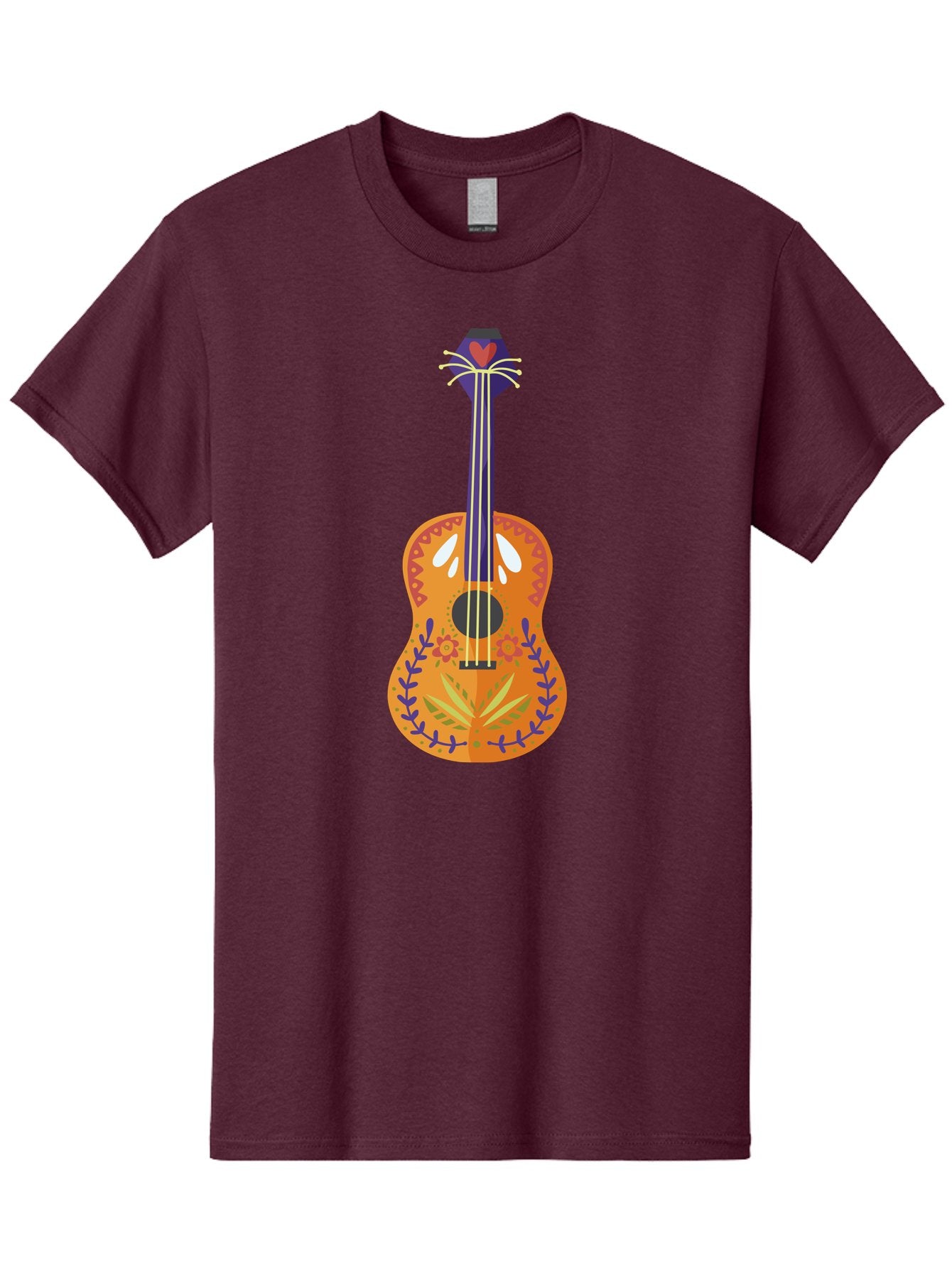 Mexican-Guitar Men'S Graphic Tee, 100% Cotton, Comfortable Casual Summer Wear, Machine Washable, Acoustic Guitar, Stringed Instrument, Music, Floral Pattern, Red And Blue Design, Orange Body, Yellow And White Strings, Cat Face Headstock Aad722 6