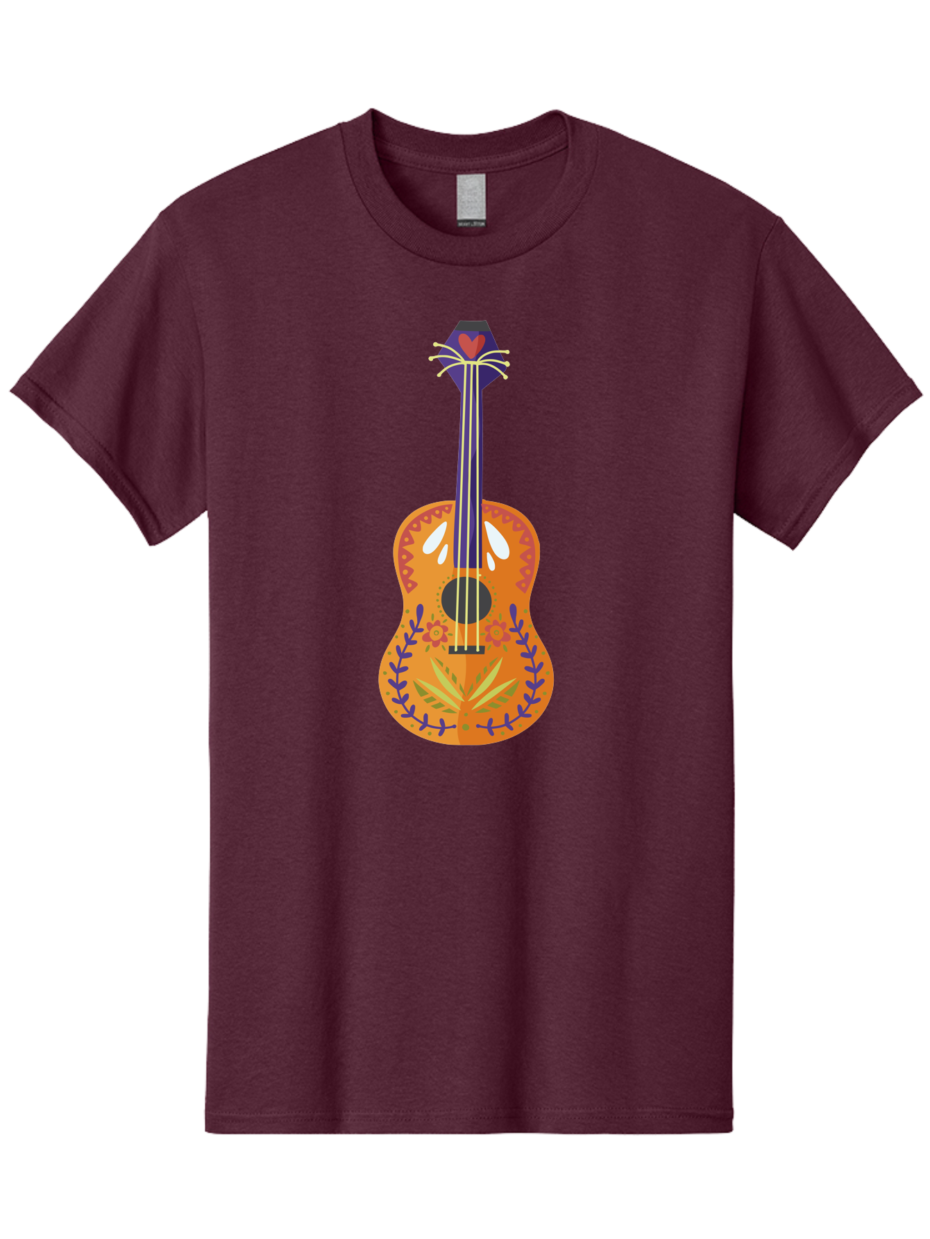 Mexican-Guitar Men'S Graphic Tee, 100% Cotton, Comfortable Casual Summer Wear, Machine Washable, Acoustic Guitar, Stringed Instrument, Music, Floral Pattern, Red And Blue Design, Orange Body, Yellow And White Strings, Cat Face Headstock Aad722 13