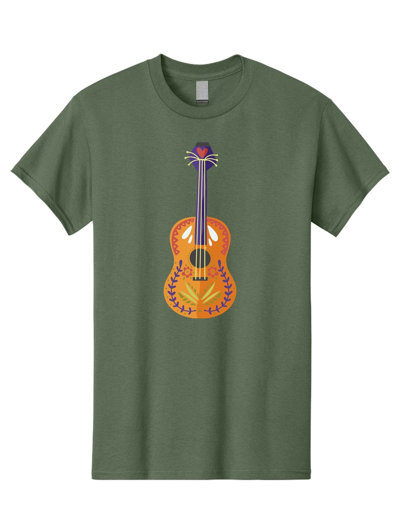 Mexican-Guitar Men'S Graphic Tee, 100% Cotton, Comfortable Casual Summer Wear, Machine Washable, Acoustic Guitar, Stringed Instrument, Music, Floral Pattern, Red And Blue Design, Orange Body, Yellow And White Strings, Cat Face Headstock Aad722 3