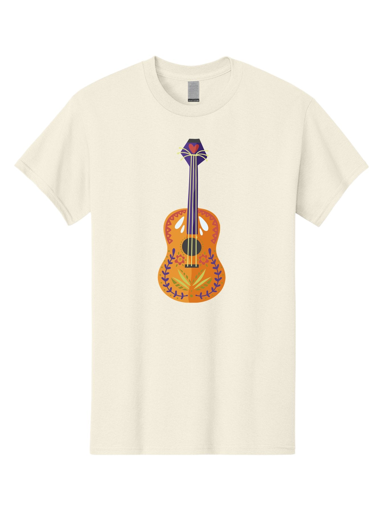 Mexican-Guitar Men'S Graphic Tee, 100% Cotton, Comfortable Casual Summer Wear, Machine Washable, Acoustic Guitar, Stringed Instrument, Music, Floral Pattern, Red And Blue Design, Orange Body, Yellow And White Strings, Cat Face Headstock Aad722 12