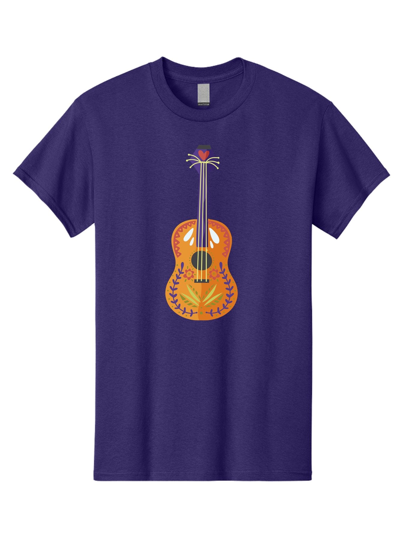 Mexican-Guitar Men'S Graphic Tee, 100% Cotton, Comfortable Casual Summer Wear, Machine Washable, Acoustic Guitar, Stringed Instrument, Music, Floral Pattern, Red And Blue Design, Orange Body, Yellow And White Strings, Cat Face Headstock Aad722 9