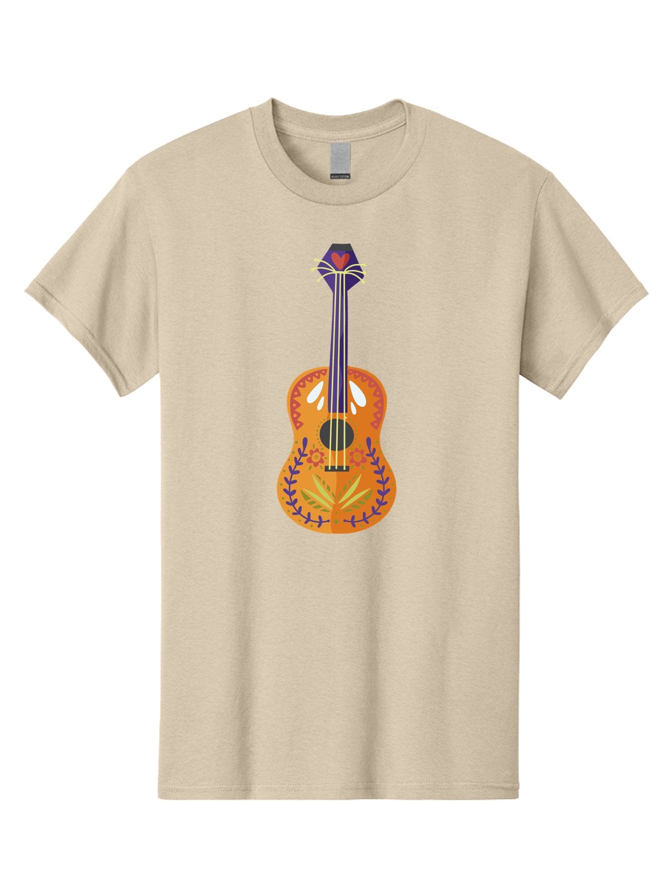 Mexican-Guitar Men'S Graphic Tee, 100% Cotton, Comfortable Casual Summer Wear, Machine Washable, Acoustic Guitar, Stringed Instrument, Music, Floral Pattern, Red And Blue Design, Orange Body, Yellow And White Strings, Cat Face Headstock Aad722 10
