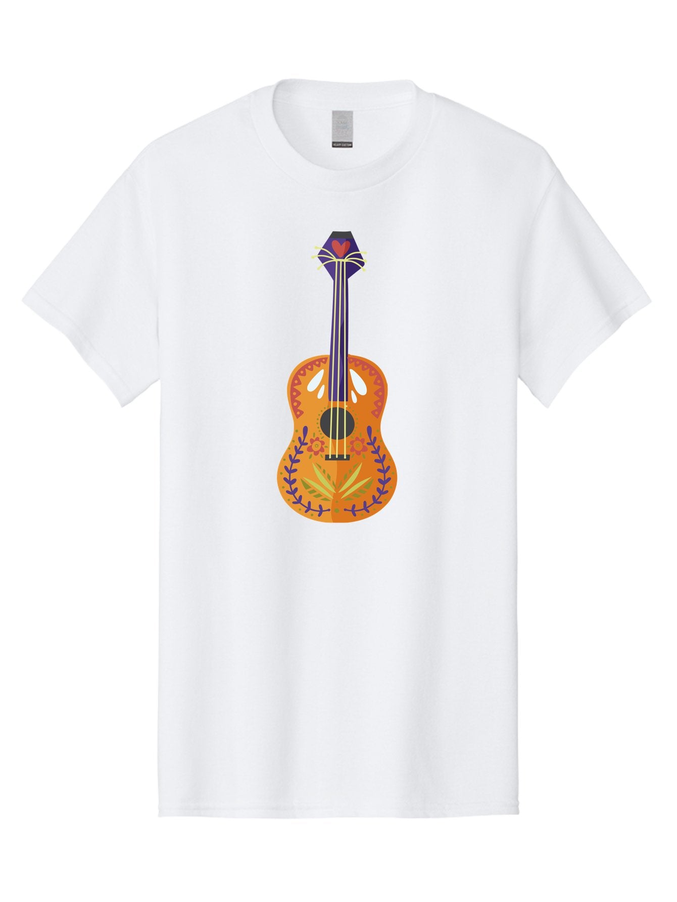 Mexican-Guitar Men'S Graphic Tee, 100% Cotton, Comfortable Casual Summer Wear, Machine Washable, Acoustic Guitar, Stringed Instrument, Music, Floral Pattern, Red And Blue Design, Orange Body, Yellow And White Strings, Cat Face Headstock Aad722 15