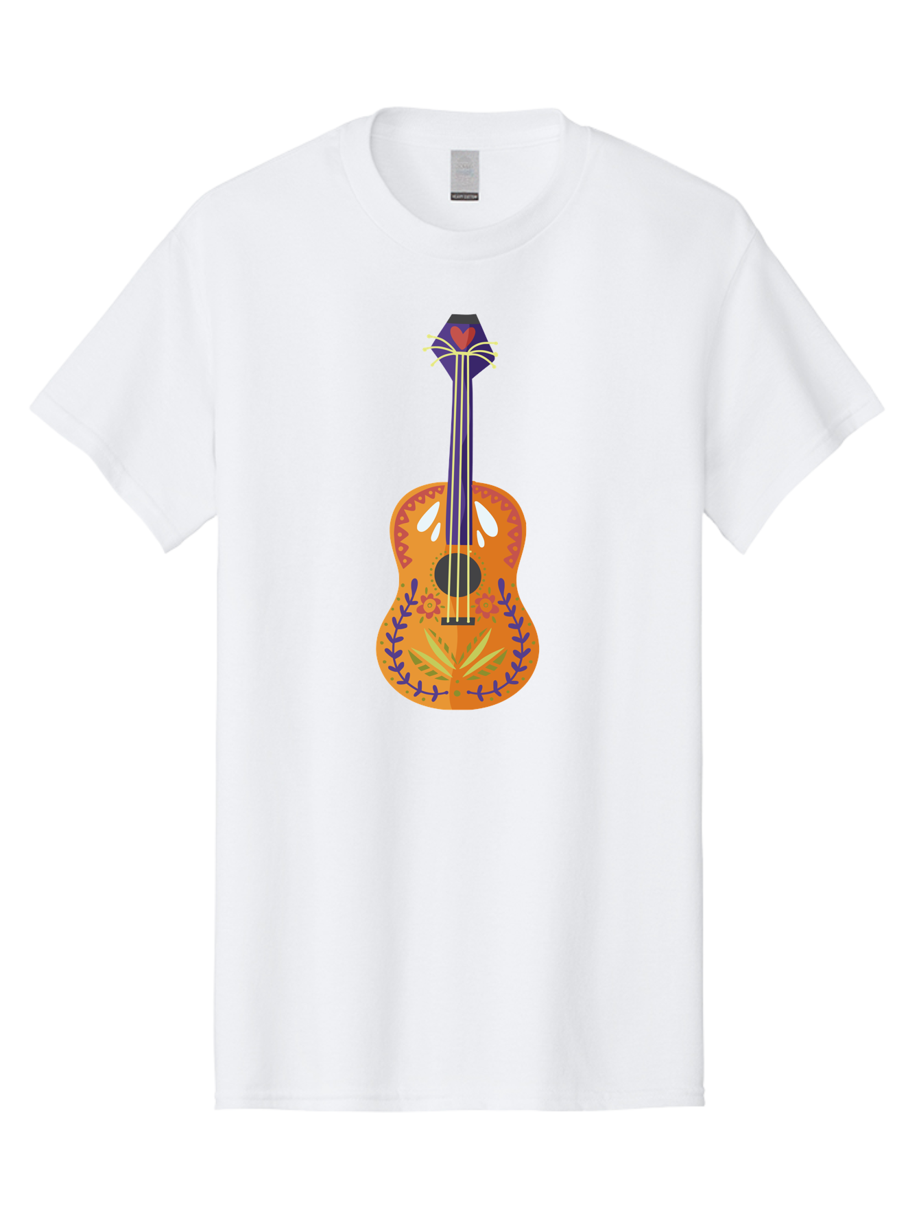 Mexican-Guitar Men'S Graphic Tee, 100% Cotton, Comfortable Casual Summer Wear, Machine Washable, Acoustic Guitar, Stringed Instrument, Music, Floral Pattern, Red And Blue Design, Orange Body, Yellow And White Strings, Cat Face Headstock Aad722