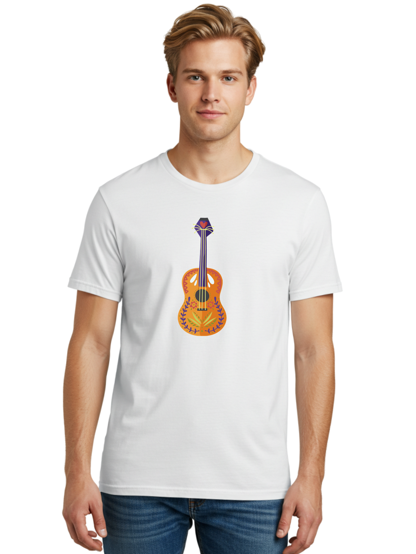 Mexican-Guitar Men'S Graphic Tee, 100% Cotton, Comfortable Casual Summer Wear, Machine Washable, Acoustic Guitar, Stringed Instrument, Music, Floral Pattern, Red And Blue Design, Orange Body, Yellow And White Strings, Cat Face Headstock Aad722