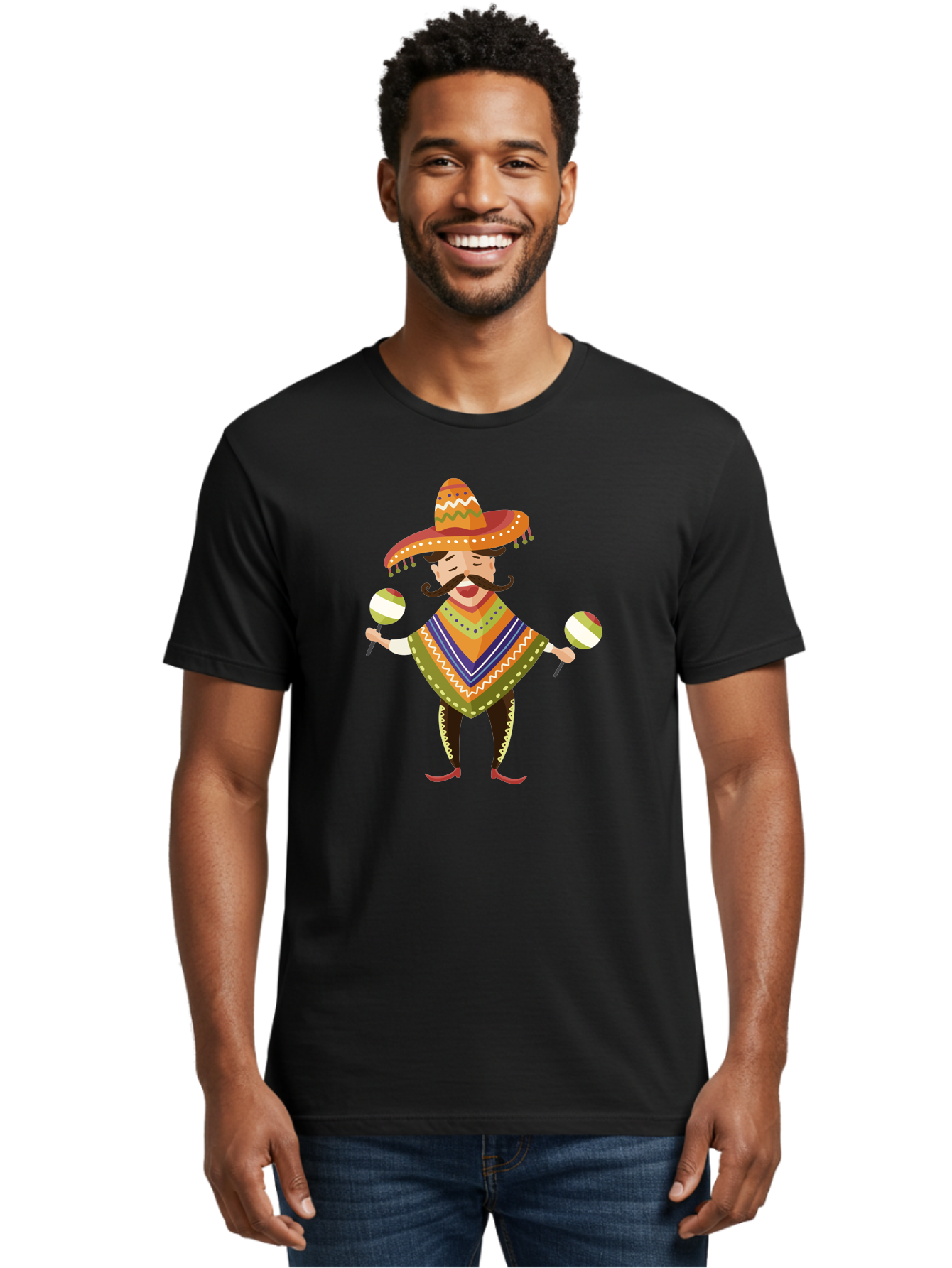Mexican-Man-With-Maracas Men'S Graphic Tee, 100% Cotton, Comfortable Casual Summer Wear, Machine Washable, Mariachi Man, Traditional Mexican Clothing, Colorful Poncho, Sombrero Hat, Maracas, Festive Atmosphere, Cultural Heritage, Lively Music, Aad723 6