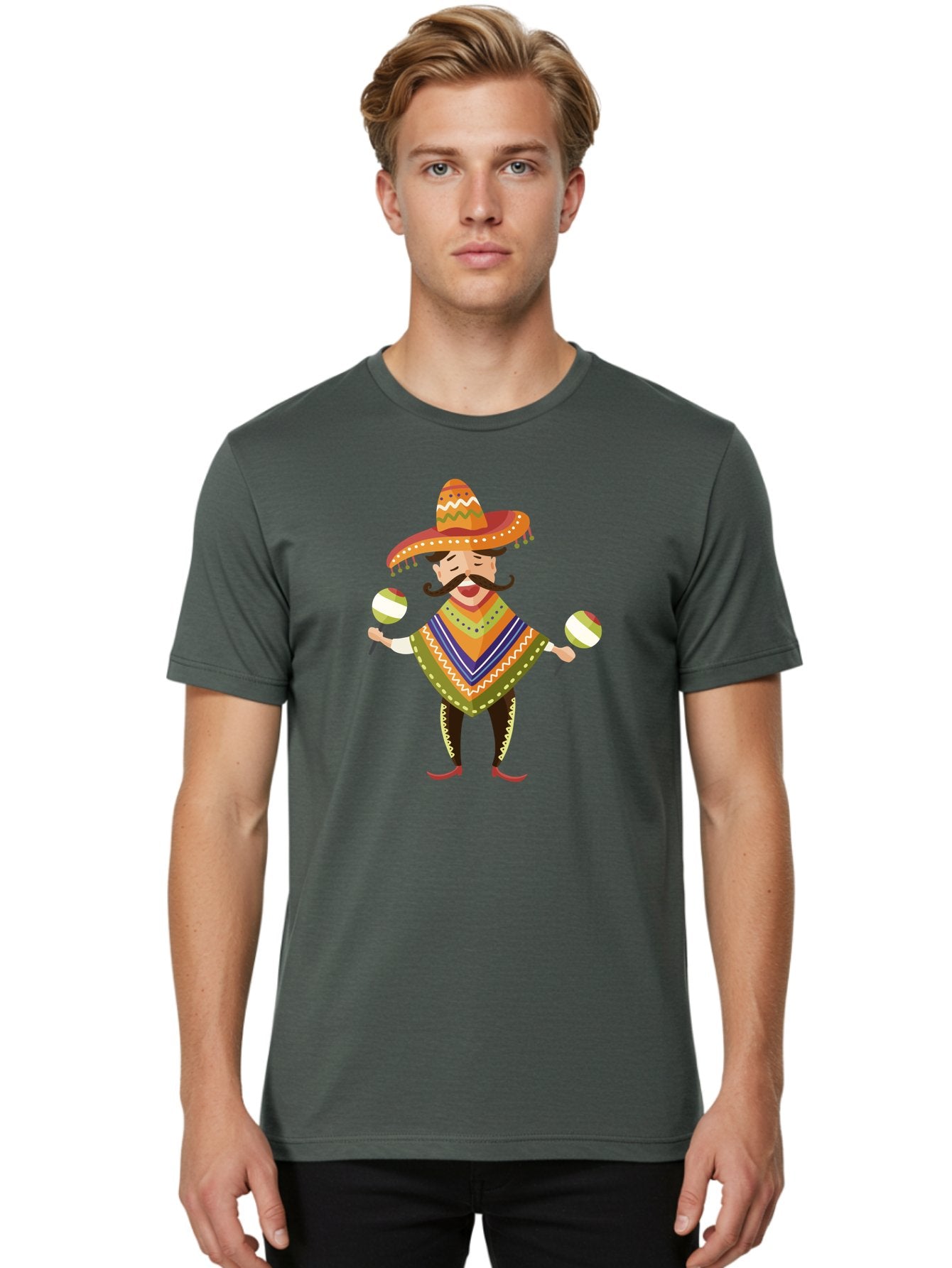 Mexican-Man-With-Maracas Men'S Graphic Tee, 100% Cotton, Comfortable Casual Summer Wear, Machine Washable, Mariachi Man, Traditional Mexican Clothing, Colorful Poncho, Sombrero Hat, Maracas, Festive Atmosphere, Cultural Heritage, Lively Music, Aad723 22