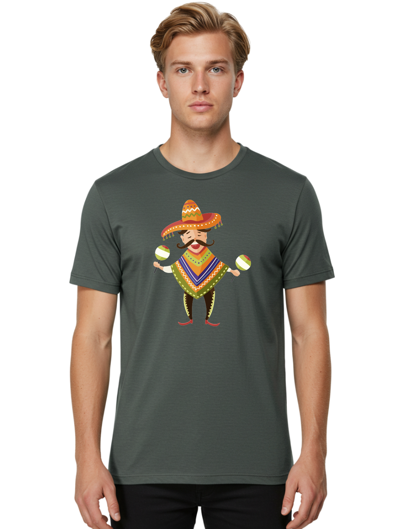 Mexican-Man-With-Maracas Men'S Graphic Tee, 100% Cotton, Comfortable Casual Summer Wear, Machine Washable, Mariachi Man, Traditional Mexican Clothing, Colorful Poncho, Sombrero Hat, Maracas, Festive Atmosphere, Cultural Heritage, Lively Music, Aad723 18