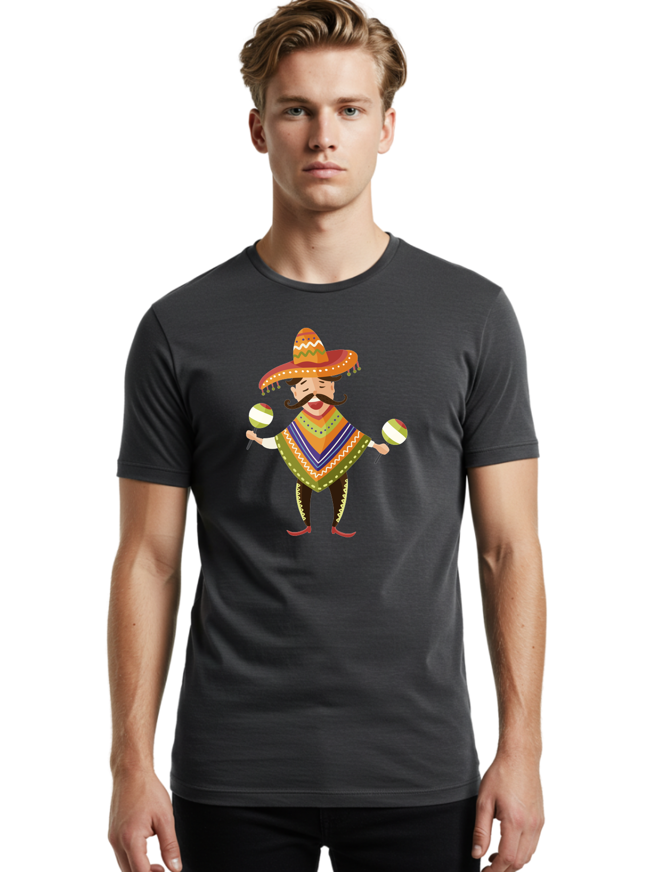 Mexican-Man-With-Maracas Men'S Graphic Tee, 100% Cotton, Comfortable Casual Summer Wear, Machine Washable, Mariachi Man, Traditional Mexican Clothing, Colorful Poncho, Sombrero Hat, Maracas, Festive Atmosphere, Cultural Heritage, Lively Music, Aad723 12