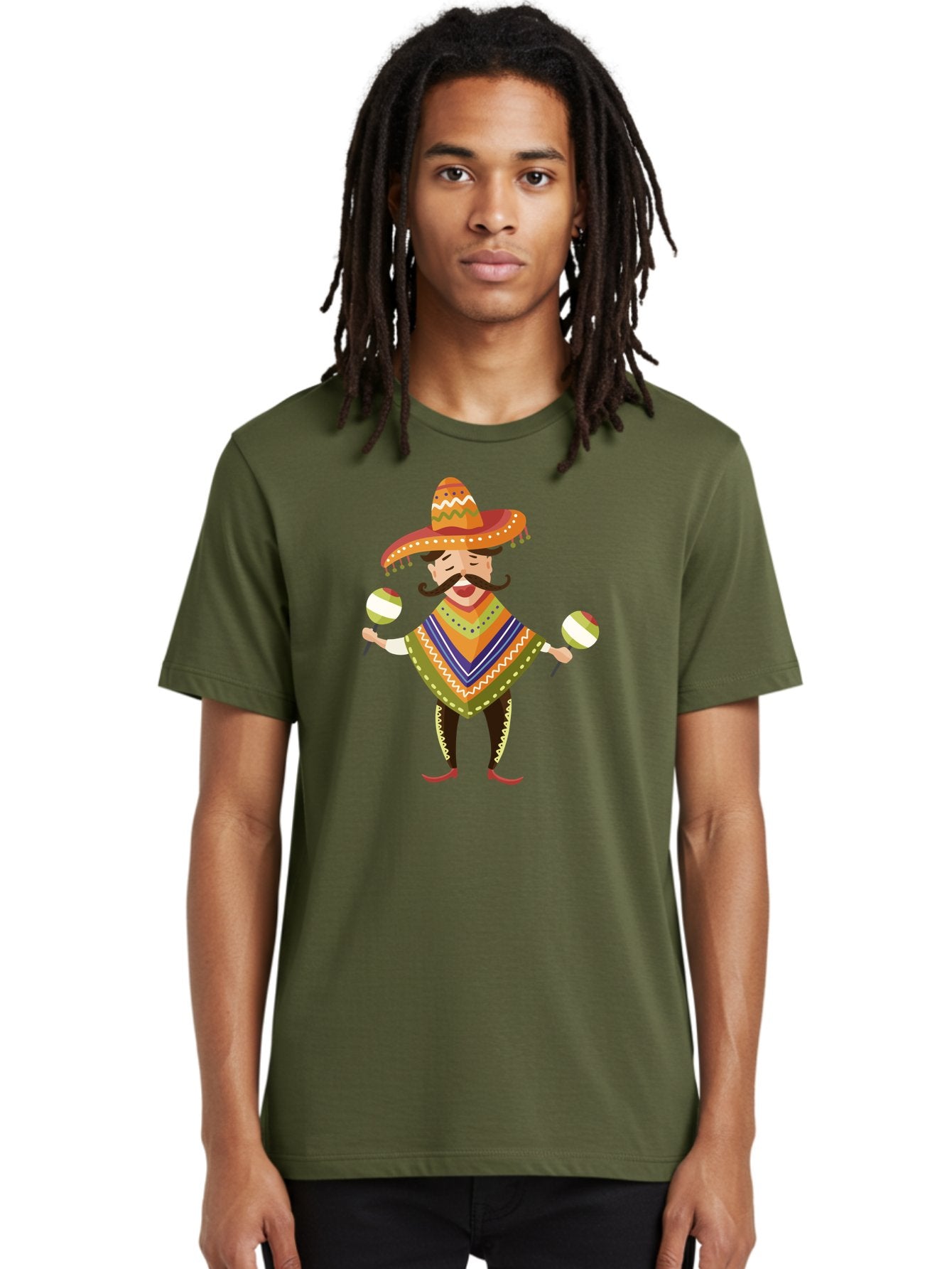 Mexican-Man-With-Maracas Men'S Graphic Tee, 100% Cotton, Comfortable Casual Summer Wear, Machine Washable, Mariachi Man, Traditional Mexican Clothing, Colorful Poncho, Sombrero Hat, Maracas, Festive Atmosphere, Cultural Heritage, Lively Music, Aad723 19