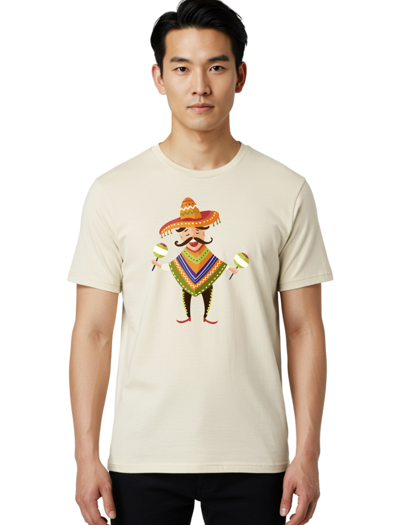 Mexican-Man-With-Maracas Men'S Graphic Tee, 100% Cotton, Comfortable Casual Summer Wear, Machine Washable, Mariachi Man, Traditional Mexican Clothing, Colorful Poncho, Sombrero Hat, Maracas, Festive Atmosphere, Cultural Heritage, Lively Music, Aad723 26