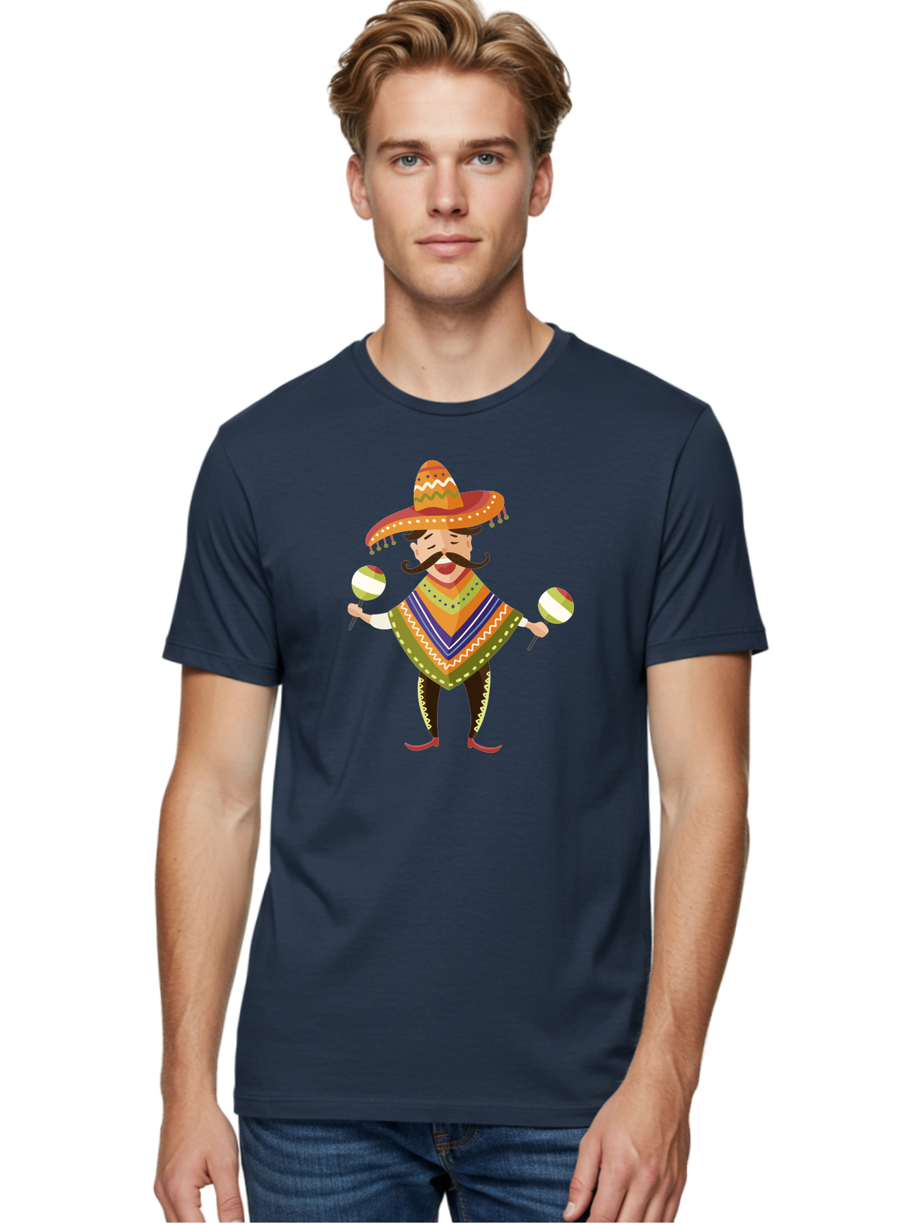Mexican-Man-With-Maracas Men'S Graphic Tee, 100% Cotton, Comfortable Casual Summer Wear, Machine Washable, Mariachi Man, Traditional Mexican Clothing, Colorful Poncho, Sombrero Hat, Maracas, Festive Atmosphere, Cultural Heritage, Lively Music, Aad723 14