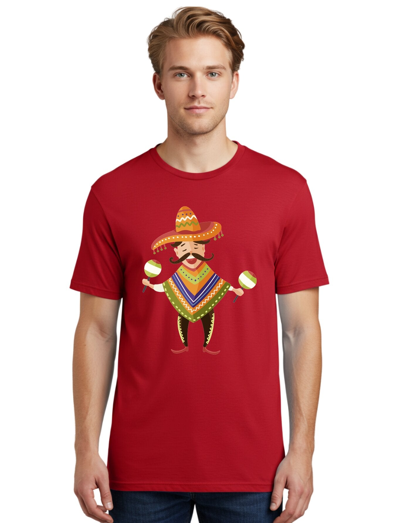 Mexican-Man-With-Maracas Men'S Graphic Tee, 100% Cotton, Comfortable Casual Summer Wear, Machine Washable, Mariachi Man, Traditional Mexican Clothing, Colorful Poncho, Sombrero Hat, Maracas, Festive Atmosphere, Cultural Heritage, Lively Music, Aad723 21