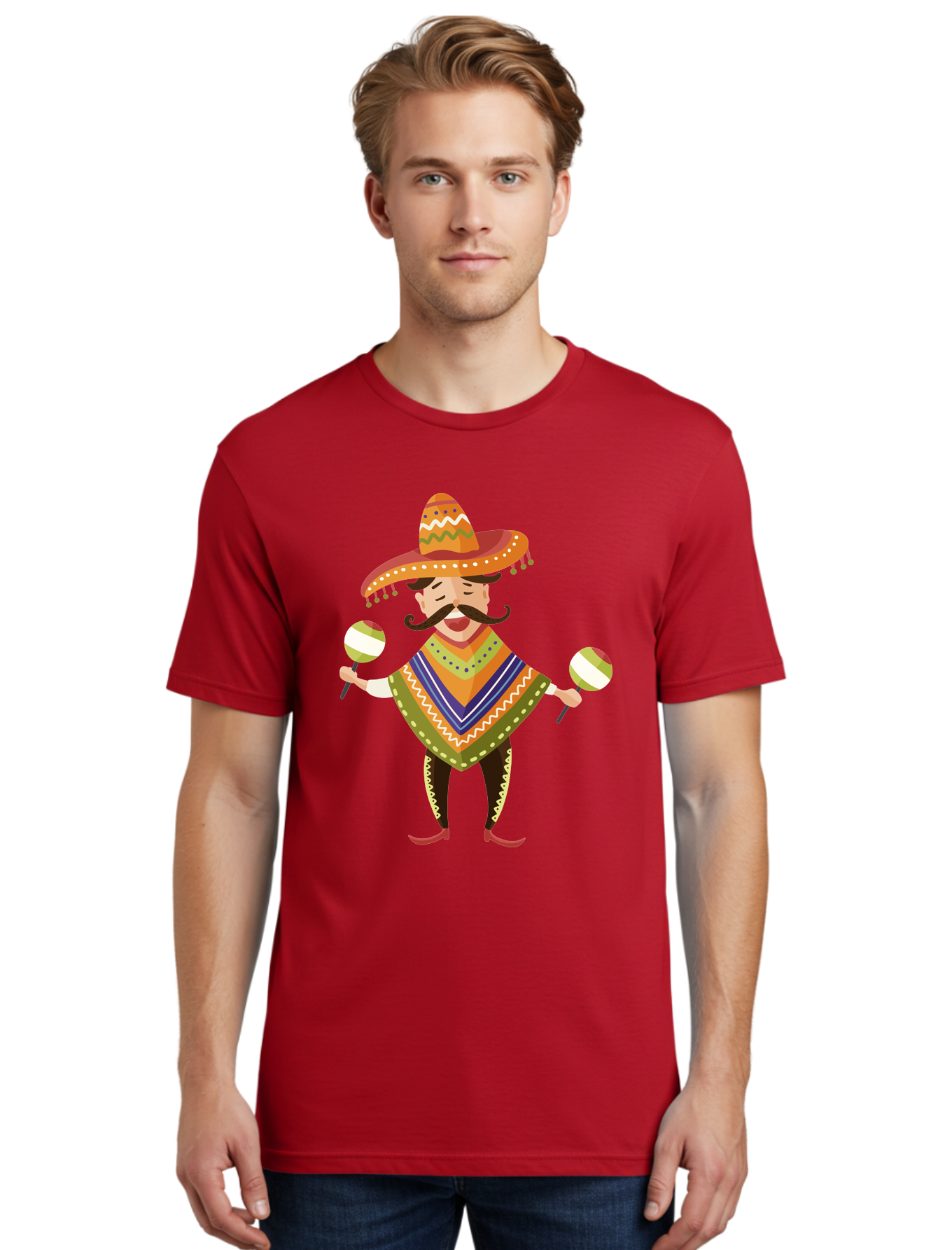 Mexican-Man-With-Maracas Men'S Graphic Tee, 100% Cotton, Comfortable Casual Summer Wear, Machine Washable, Mariachi Man, Traditional Mexican Clothing, Colorful Poncho, Sombrero Hat, Maracas, Festive Atmosphere, Cultural Heritage, Lively Music, Aad723 20