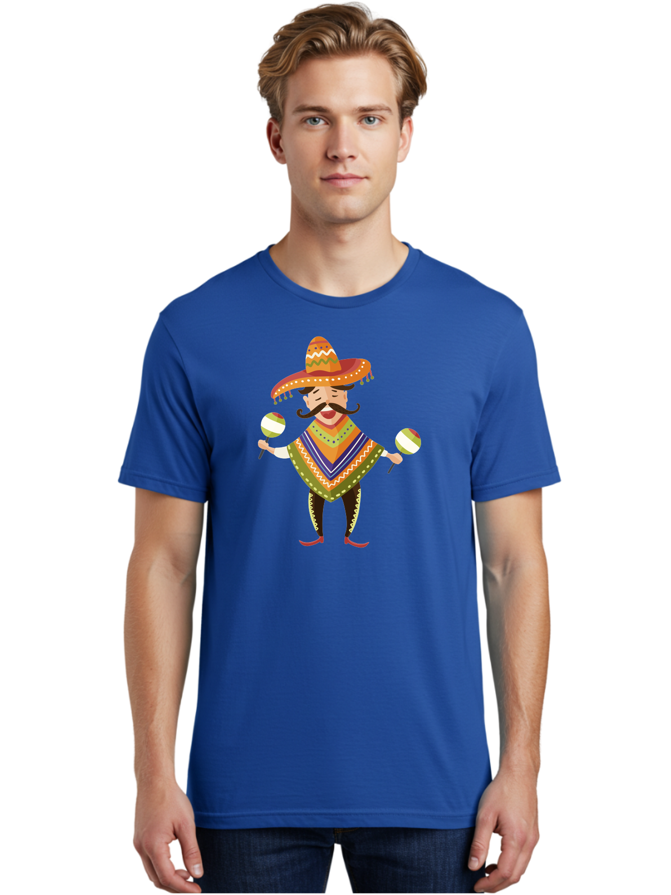 Mexican-Man-With-Maracas Men'S Graphic Tee, 100% Cotton, Comfortable Casual Summer Wear, Machine Washable, Mariachi Man, Traditional Mexican Clothing, Colorful Poncho, Sombrero Hat, Maracas, Festive Atmosphere, Cultural Heritage, Lively Music, Aad723 24