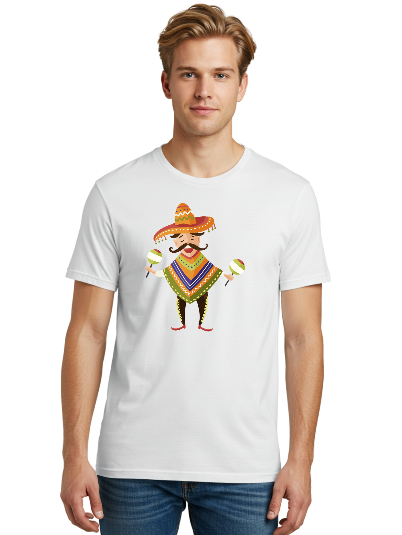 Mexican-Man-With-Maracas Men'S Graphic Tee, 100% Cotton, Comfortable Casual Summer Wear, Machine Washable, Mariachi Man, Traditional Mexican Clothing, Colorful Poncho, Sombrero Hat, Maracas, Festive Atmosphere, Cultural Heritage, Lively Music, Aad723 4