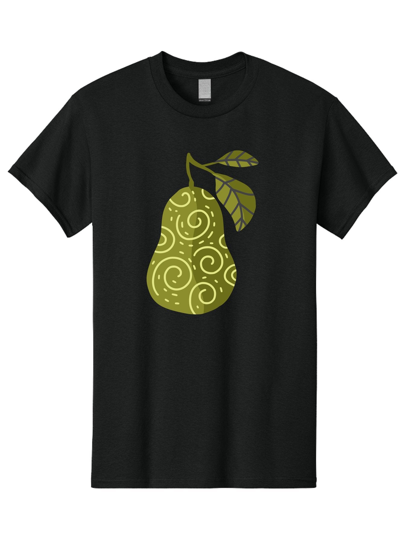 Pear-With-Leaves Men'S Graphic Tee, 100% Cotton, Comfortable Casual Summer Wear, Machine Washable, Pear Fruit, Swirly Patterns, Green Leaves, Fruit Icon, Food Illustration, Healthy Eating, Abstract Design, Stylized Pear Aad731
