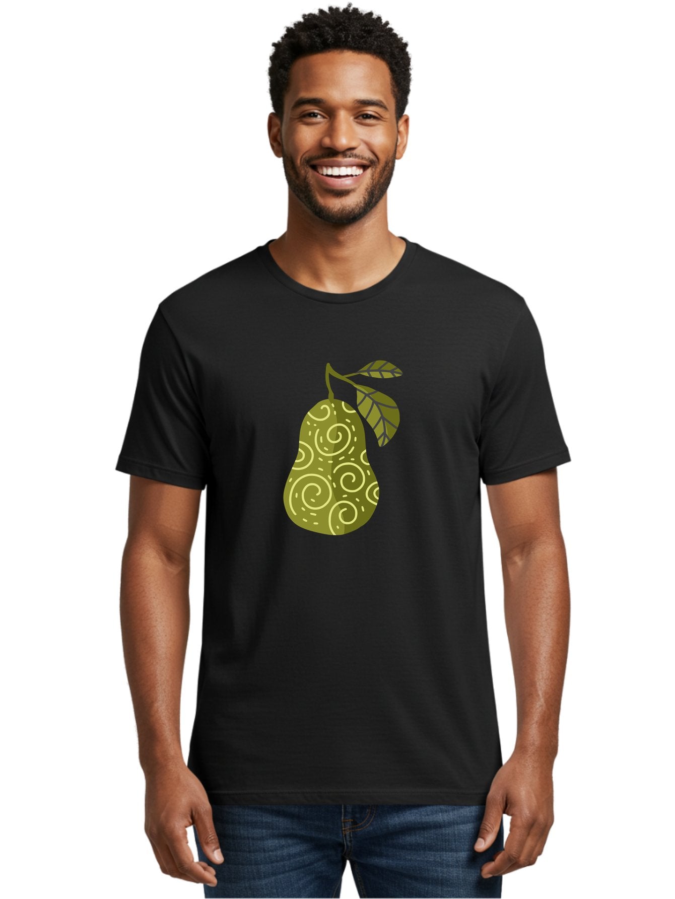 Pear-With-Leaves Men'S Graphic Tee, 100% Cotton, Comfortable Casual Summer Wear, Machine Washable, Pear Fruit, Swirly Patterns, Green Leaves, Fruit Icon, Food Illustration, Healthy Eating, Abstract Design, Stylized Pear Aad731 21