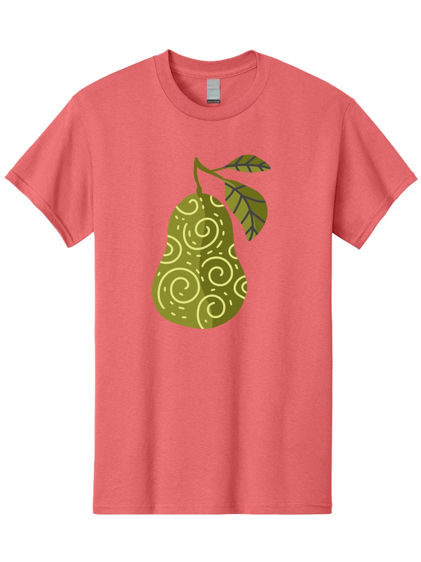 Pear-With-Leaves Men'S Graphic Tee, 100% Cotton, Comfortable Casual Summer Wear, Machine Washable, Pear Fruit, Swirly Patterns, Green Leaves, Fruit Icon, Food Illustration, Healthy Eating, Abstract Design, Stylized Pear Aad731 4