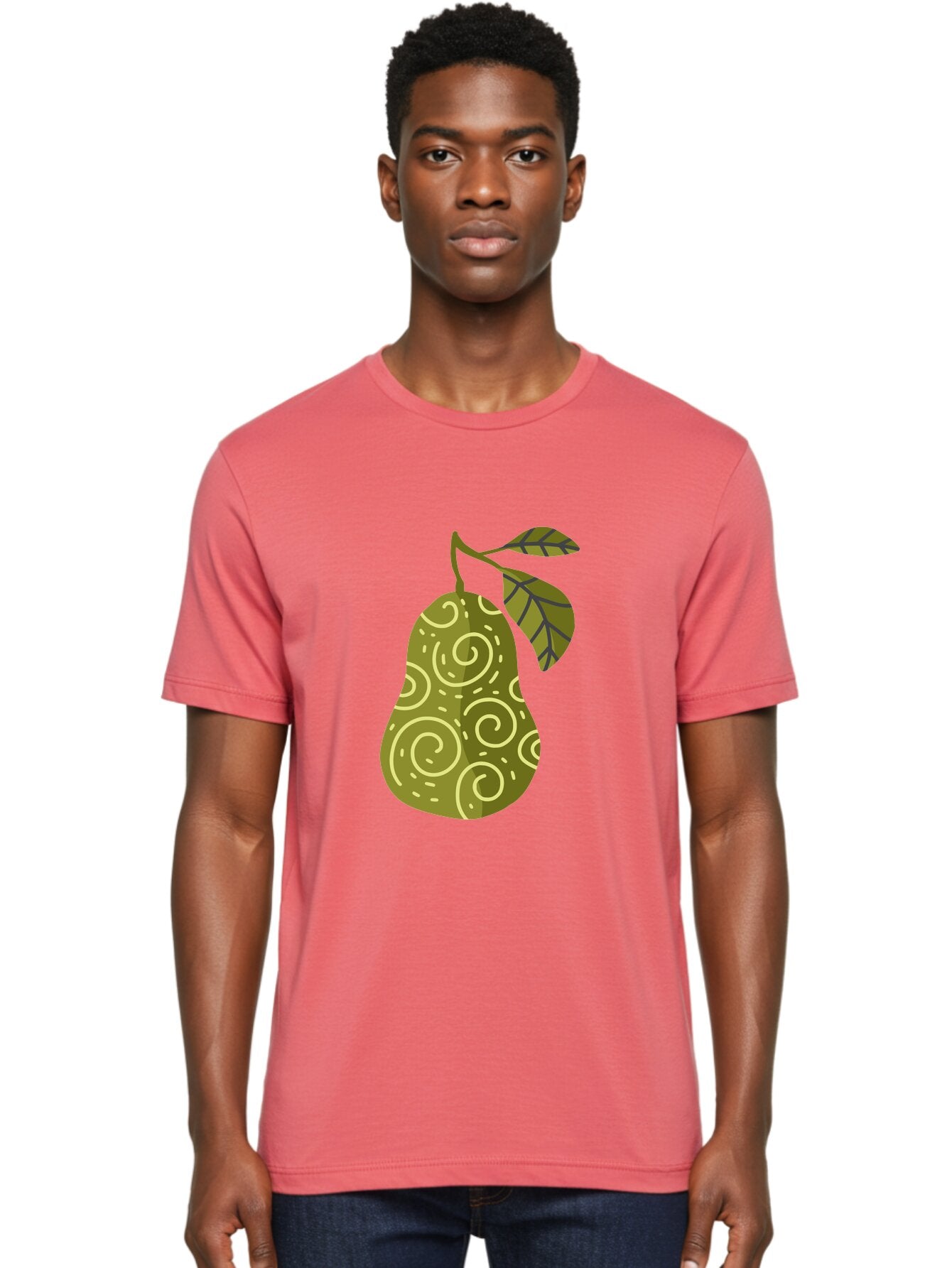 Pear-With-Leaves Men'S Graphic Tee, 100% Cotton, Comfortable Casual Summer Wear, Machine Washable, Pear Fruit, Swirly Patterns, Green Leaves, Fruit Icon, Food Illustration, Healthy Eating, Abstract Design, Stylized Pear Aad731 18
