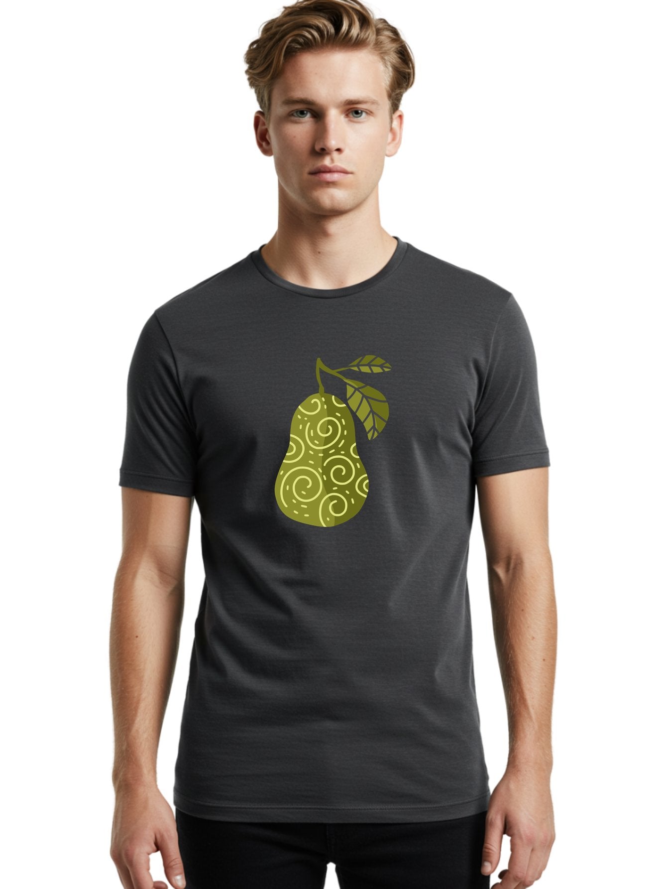 Pear-With-Leaves Men'S Graphic Tee, 100% Cotton, Comfortable Casual Summer Wear, Machine Washable, Pear Fruit, Swirly Patterns, Green Leaves, Fruit Icon, Food Illustration, Healthy Eating, Abstract Design, Stylized Pear Aad731 30