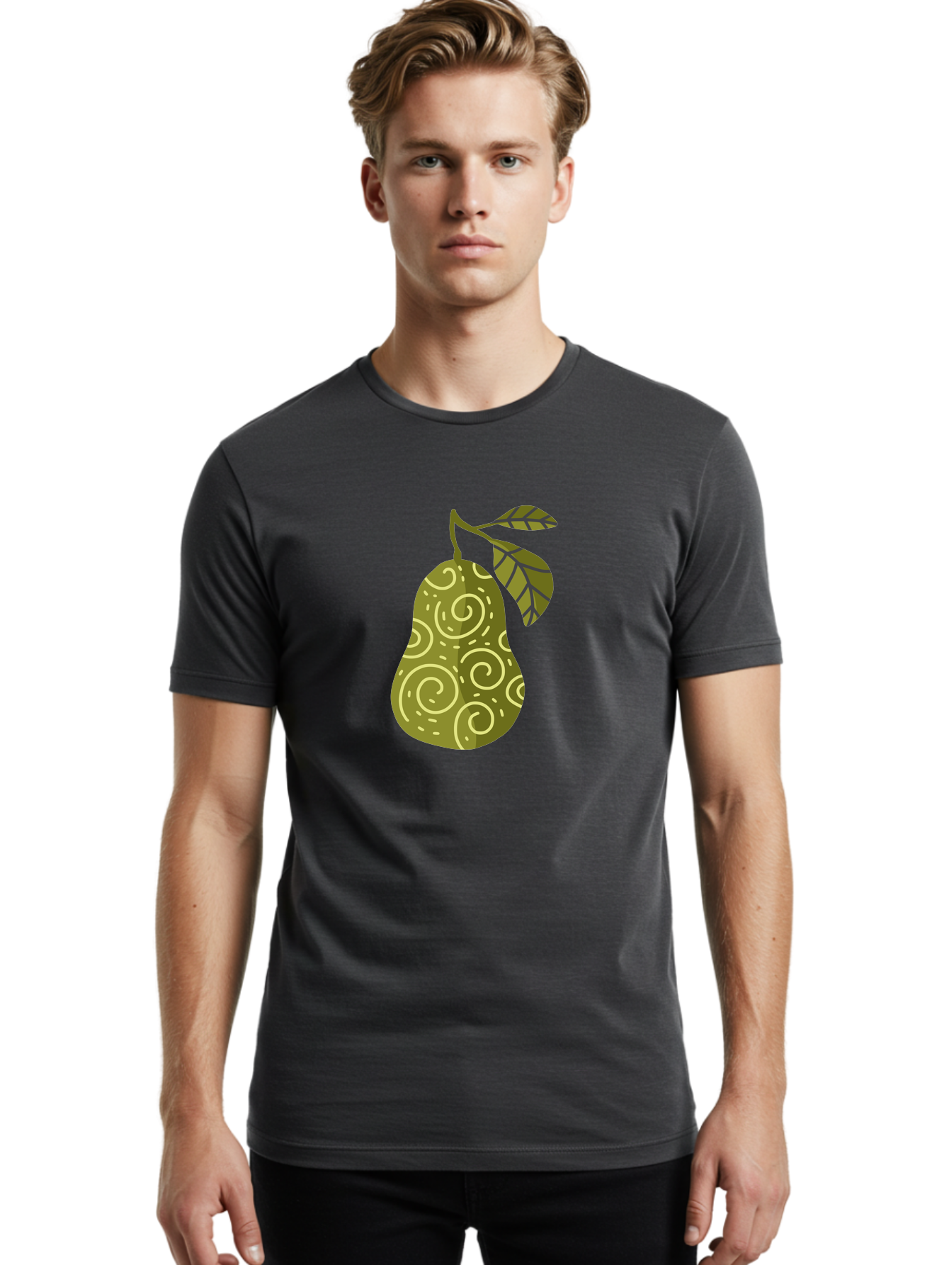 Pear-With-Leaves Men'S Graphic Tee, 100% Cotton, Comfortable Casual Summer Wear, Machine Washable, Pear Fruit, Swirly Patterns, Green Leaves, Fruit Icon, Food Illustration, Healthy Eating, Abstract Design, Stylized Pear Aad731