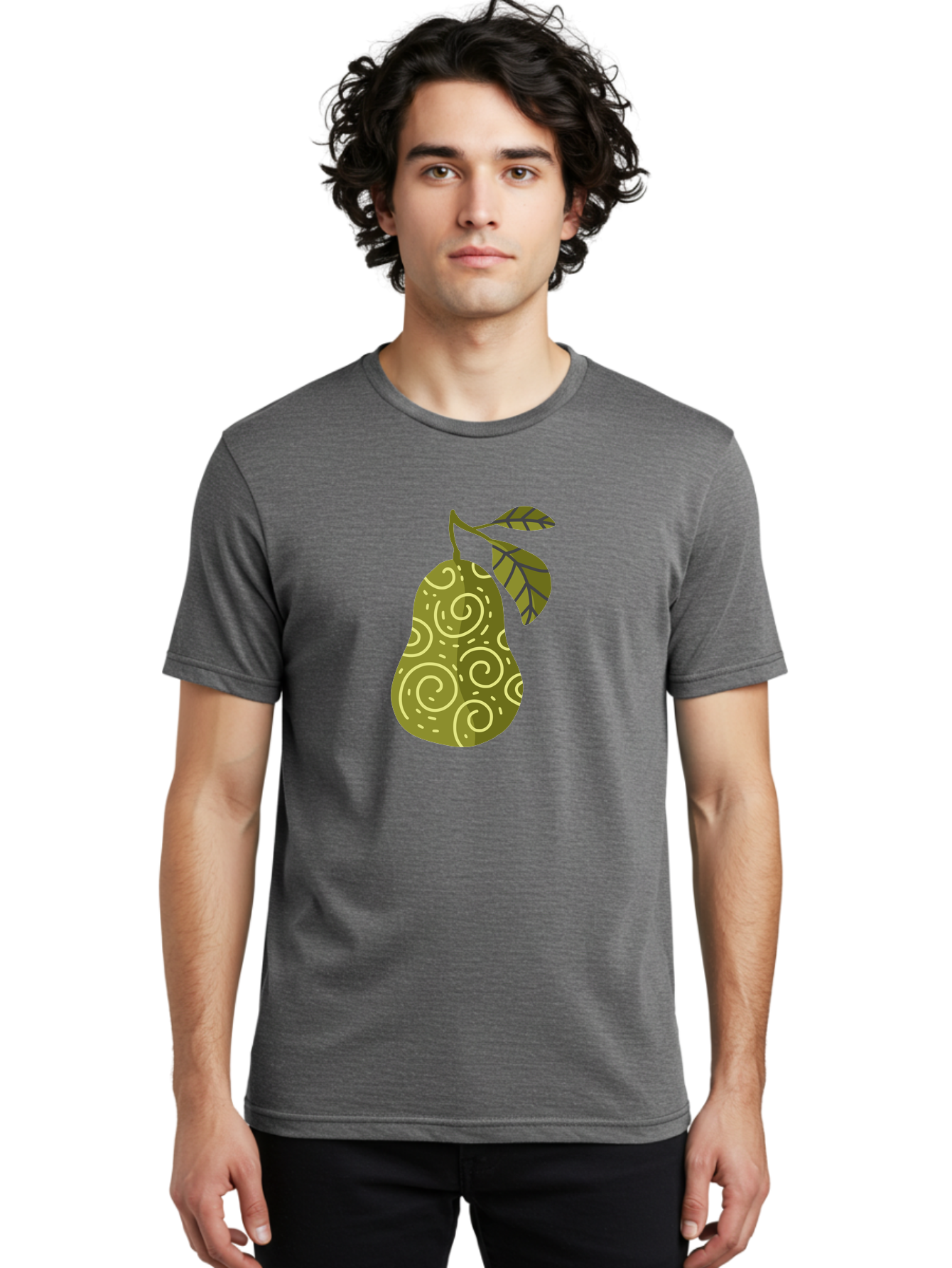 Pear-With-Leaves Men'S Graphic Tee, 100% Cotton, Comfortable Casual Summer Wear, Machine Washable, Pear Fruit, Swirly Patterns, Green Leaves, Fruit Icon, Food Illustration, Healthy Eating, Abstract Design, Stylized Pear Aad731 22