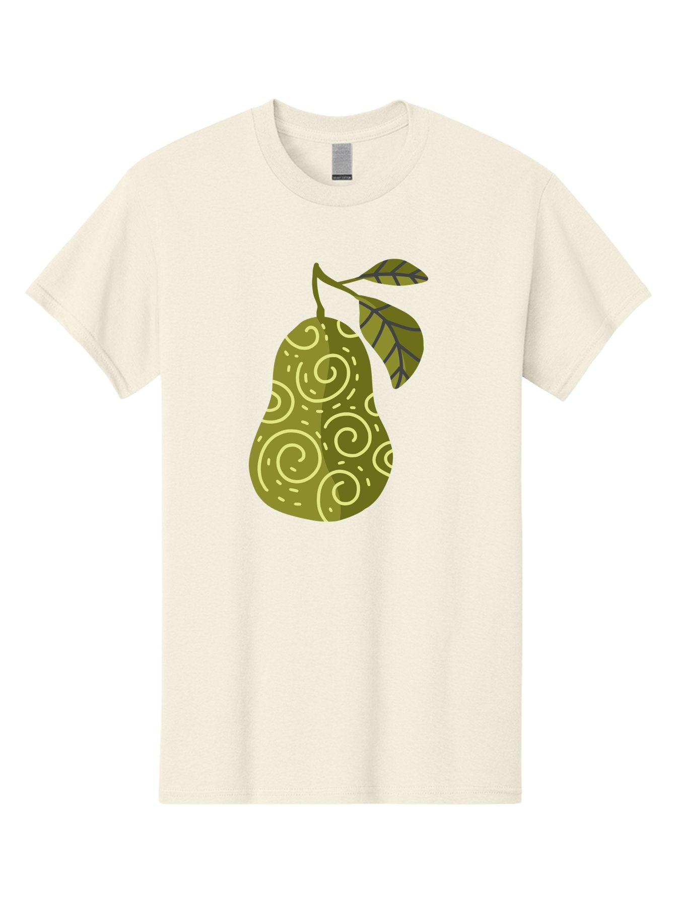Pear-With-Leaves Men'S Graphic Tee, 100% Cotton, Comfortable Casual Summer Wear, Machine Washable, Pear Fruit, Swirly Patterns, Green Leaves, Fruit Icon, Food Illustration, Healthy Eating, Abstract Design, Stylized Pear Aad731 3