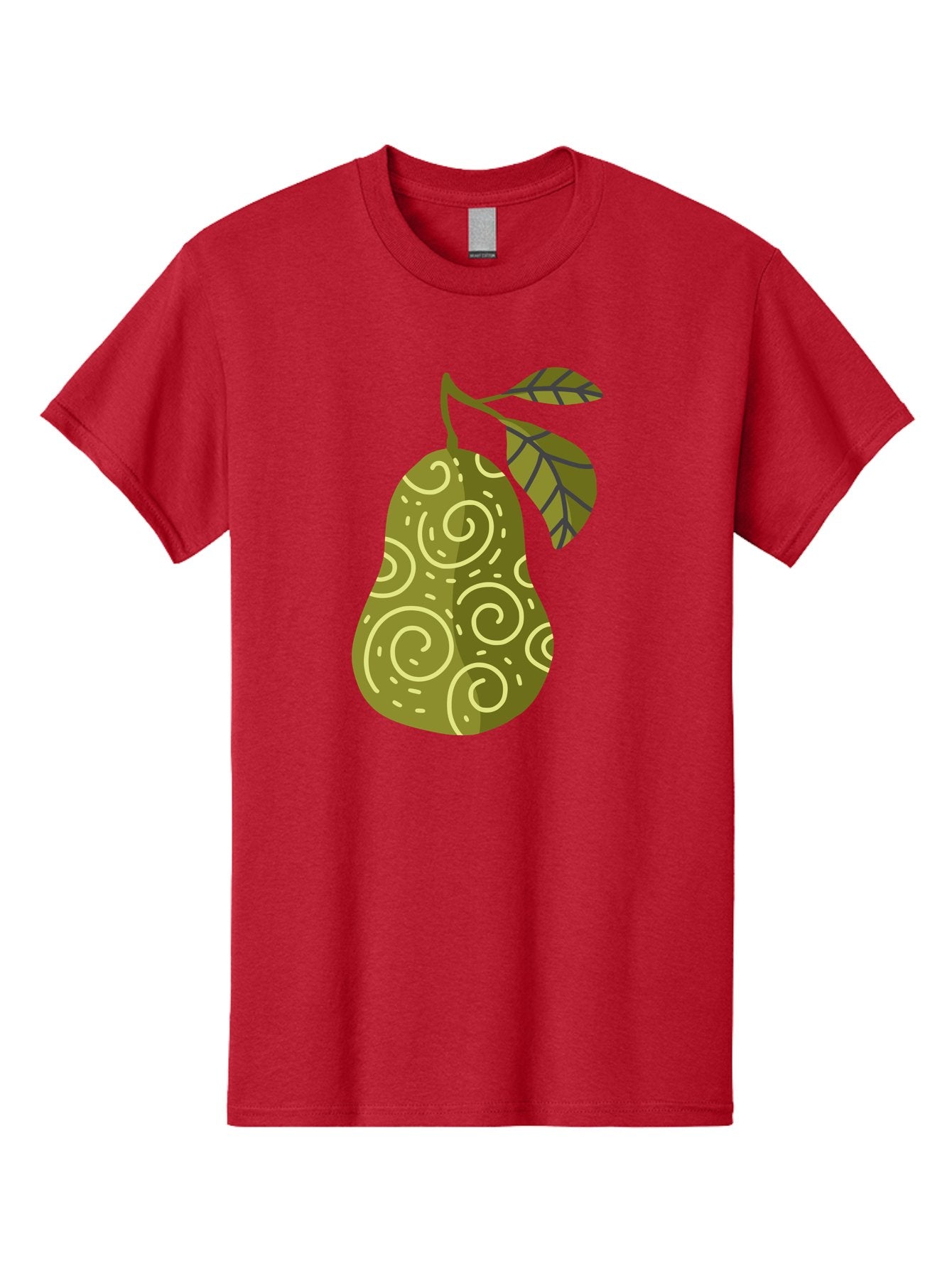 Pear-With-Leaves Men'S Graphic Tee, 100% Cotton, Comfortable Casual Summer Wear, Machine Washable, Pear Fruit, Swirly Patterns, Green Leaves, Fruit Icon, Food Illustration, Healthy Eating, Abstract Design, Stylized Pear Aad731 5
