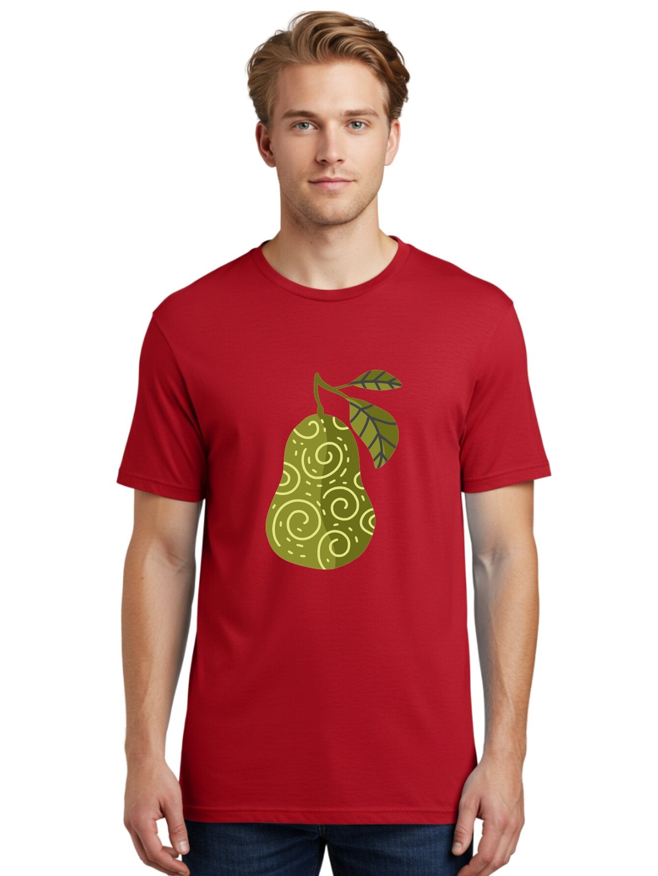 Pear-With-Leaves Men'S Graphic Tee, 100% Cotton, Comfortable Casual Summer Wear, Machine Washable, Pear Fruit, Swirly Patterns, Green Leaves, Fruit Icon, Food Illustration, Healthy Eating, Abstract Design, Stylized Pear Aad731 23
