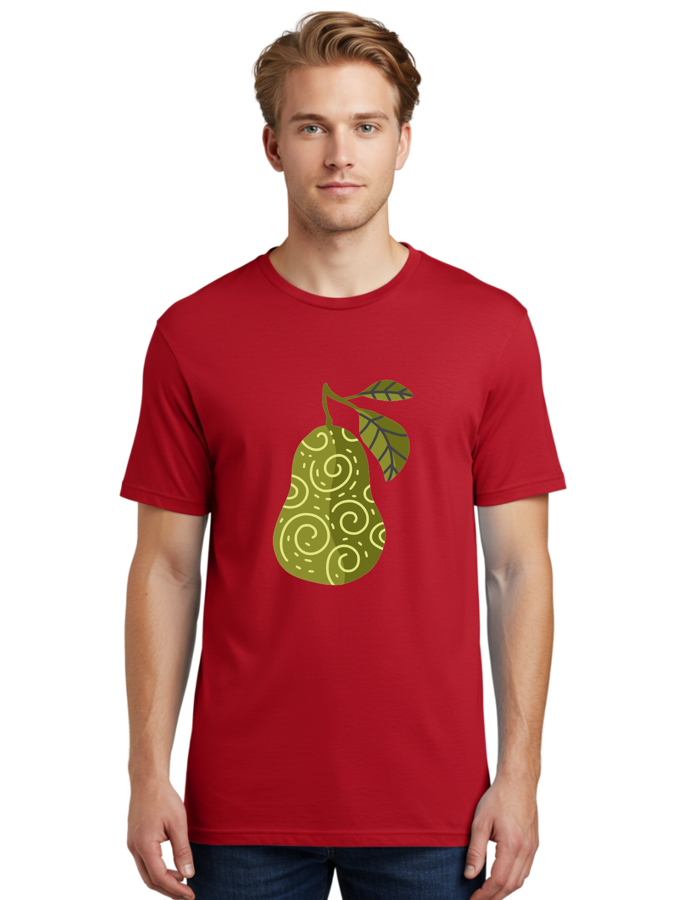 Pear-With-Leaves Men'S Graphic Tee, 100% Cotton, Comfortable Casual Summer Wear, Machine Washable, Pear Fruit, Swirly Patterns, Green Leaves, Fruit Icon, Food Illustration, Healthy Eating, Abstract Design, Stylized Pear Aad731 16