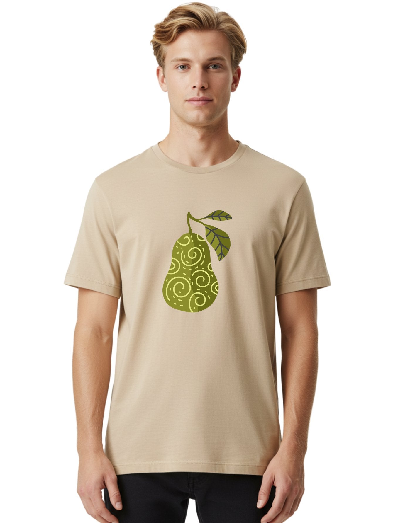 Pear-With-Leaves Men'S Graphic Tee, 100% Cotton, Comfortable Casual Summer Wear, Machine Washable, Pear Fruit, Swirly Patterns, Green Leaves, Fruit Icon, Food Illustration, Healthy Eating, Abstract Design, Stylized Pear Aad731 28