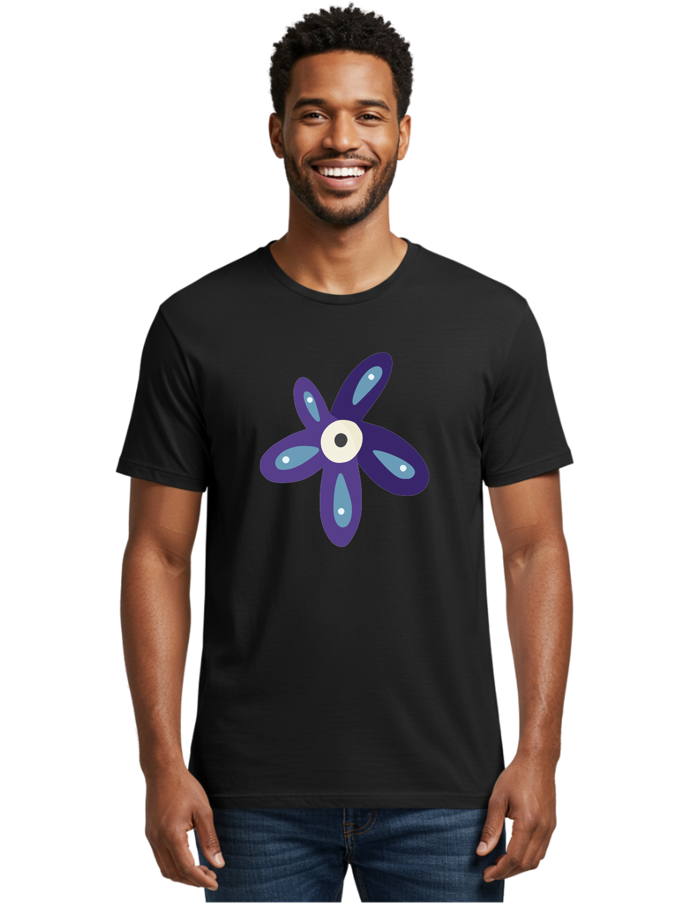 Purple-Flower Men'S Graphic Tee, 100% Cotton, Comfortable Casual Summer Wear, Machine Washable, Cartoon Flower, Purple Petals, Blue Accents, White And Black Eye, Digital Illustration, Creative Art, Whimsical Design, Graphic Element Aad739 18
