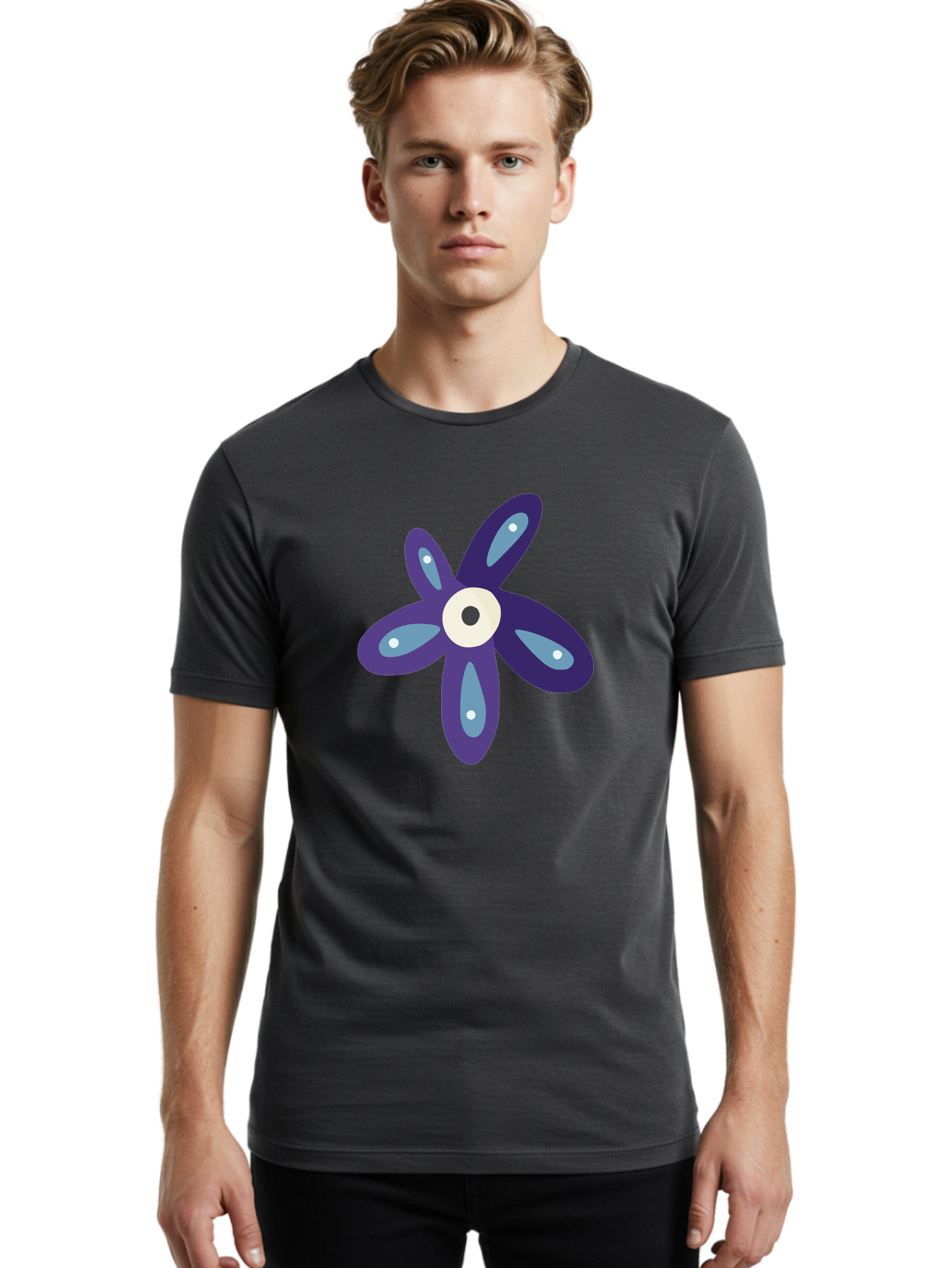 Purple-Flower Men'S Graphic Tee, 100% Cotton, Comfortable Casual Summer Wear, Machine Washable, Cartoon Flower, Purple Petals, Blue Accents, White And Black Eye, Digital Illustration, Creative Art, Whimsical Design, Graphic Element Aad739