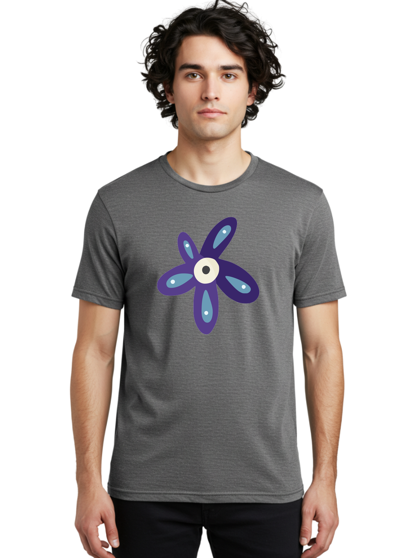 Purple-Flower Men'S Graphic Tee, 100% Cotton, Comfortable Casual Summer Wear, Machine Washable, Cartoon Flower, Purple Petals, Blue Accents, White And Black Eye, Digital Illustration, Creative Art, Whimsical Design, Graphic Element Aad739 4