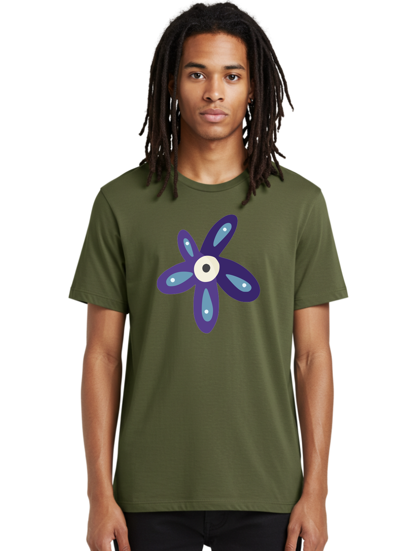 Purple-Flower Men'S Graphic Tee, 100% Cotton, Comfortable Casual Summer Wear, Machine Washable, Cartoon Flower, Purple Petals, Blue Accents, White And Black Eye, Digital Illustration, Creative Art, Whimsical Design, Graphic Element Aad739 16