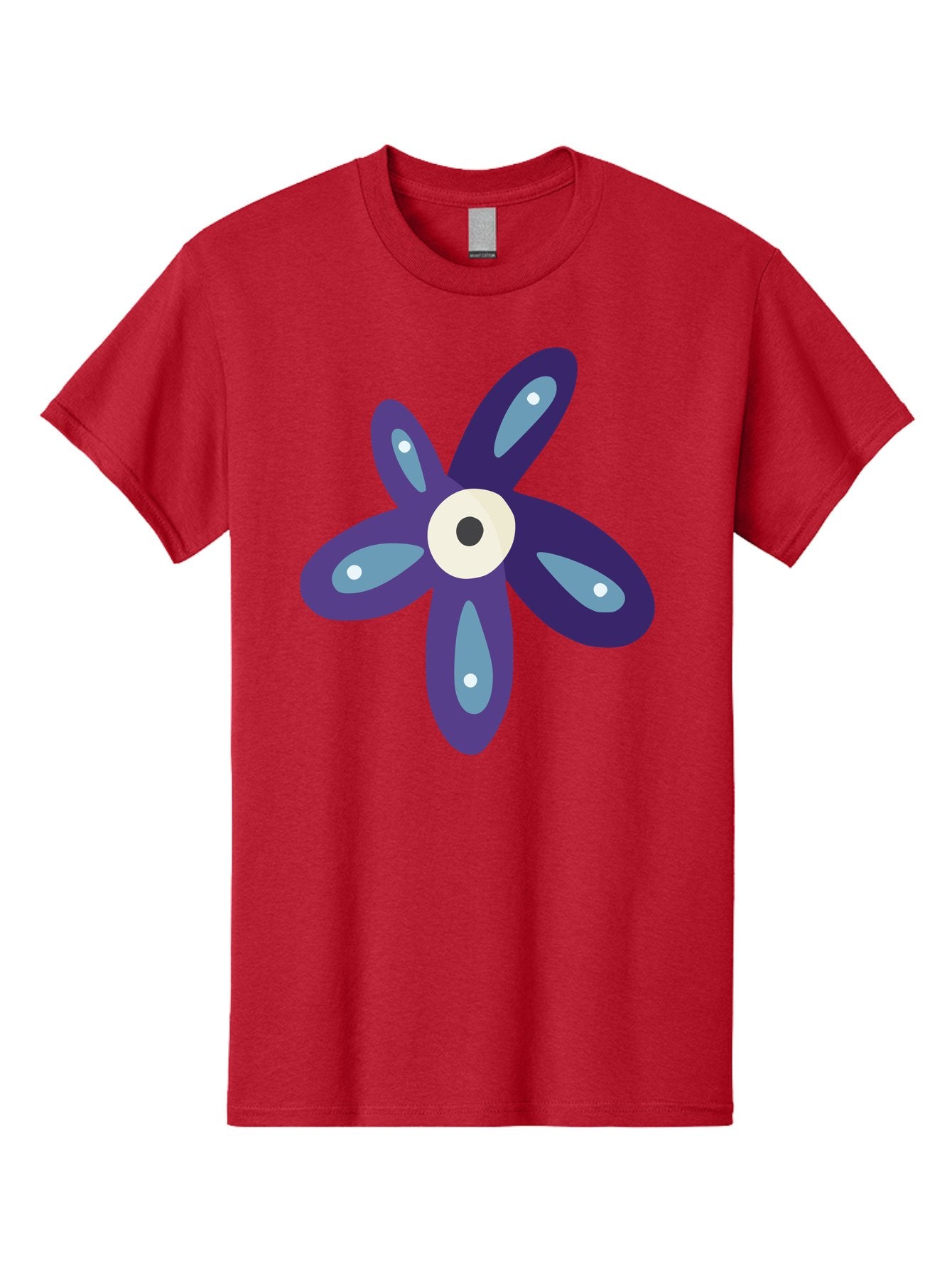 Purple-Flower Men'S Graphic Tee, 100% Cotton, Comfortable Casual Summer Wear, Machine Washable, Cartoon Flower, Purple Petals, Blue Accents, White And Black Eye, Digital Illustration, Creative Art, Whimsical Design, Graphic Element Aad739