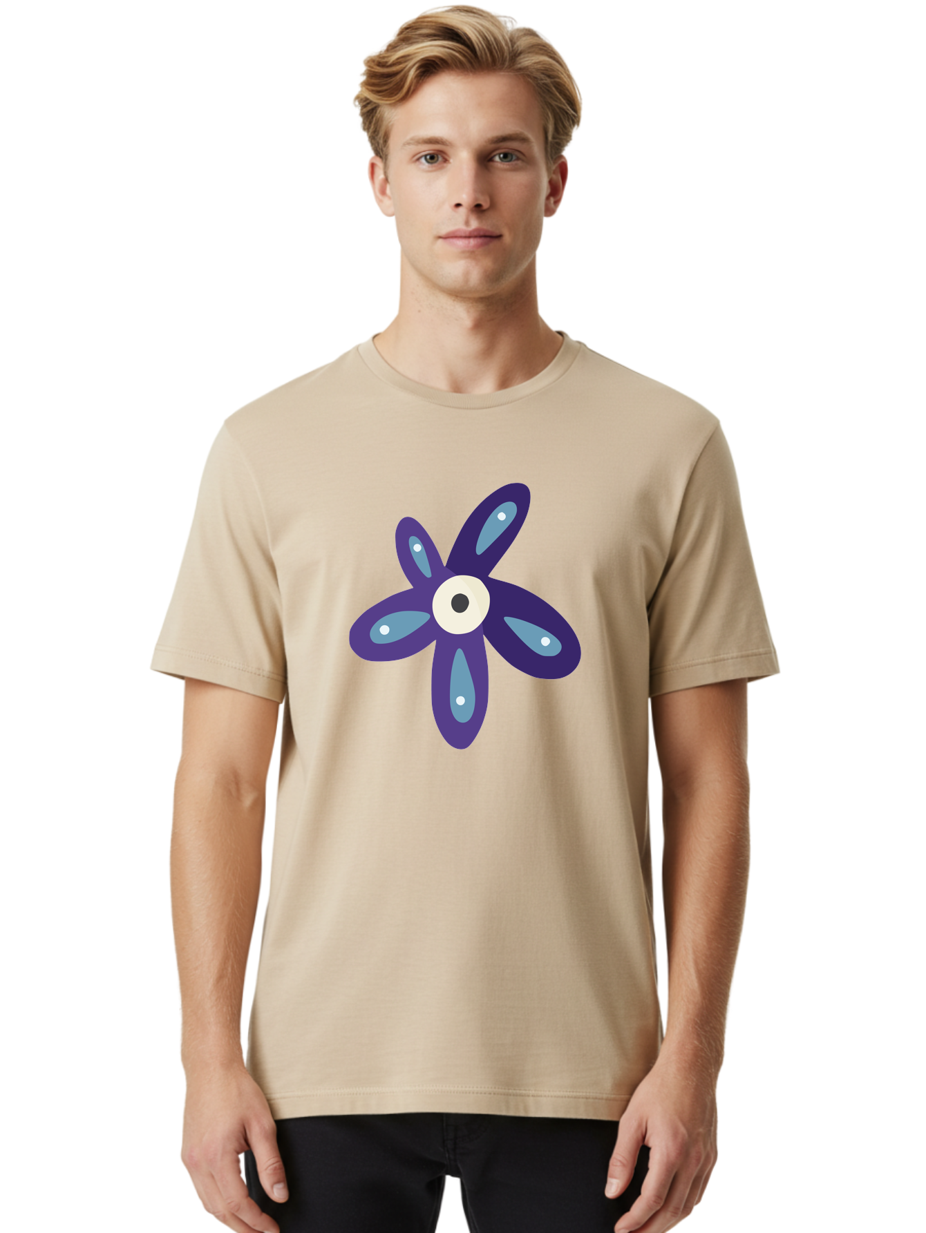Purple-Flower Men'S Graphic Tee, 100% Cotton, Comfortable Casual Summer Wear, Machine Washable, Cartoon Flower, Purple Petals, Blue Accents, White And Black Eye, Digital Illustration, Creative Art, Whimsical Design, Graphic Element Aad739 26