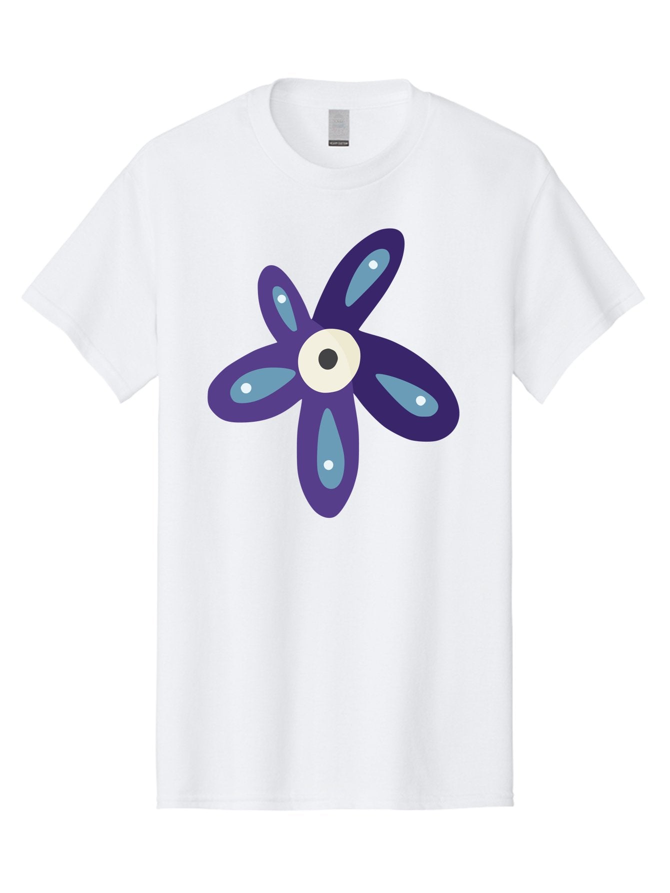 Purple-Flower Men'S Graphic Tee, 100% Cotton, Comfortable Casual Summer Wear, Machine Washable, Cartoon Flower, Purple Petals, Blue Accents, White And Black Eye, Digital Illustration, Creative Art, Whimsical Design, Graphic Element Aad739
