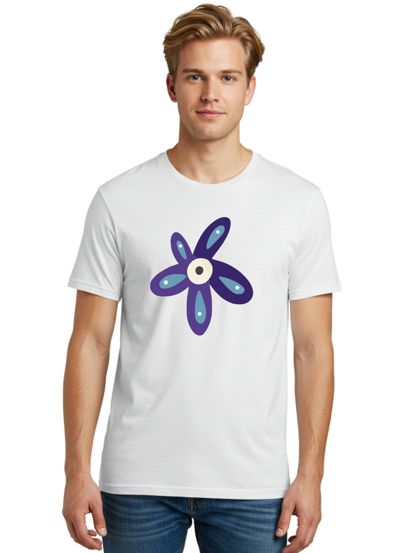 Purple-Flower Men'S Graphic Tee, 100% Cotton, Comfortable Casual Summer Wear, Machine Washable, Cartoon Flower, Purple Petals, Blue Accents, White And Black Eye, Digital Illustration, Creative Art, Whimsical Design, Graphic Element Aad739 22