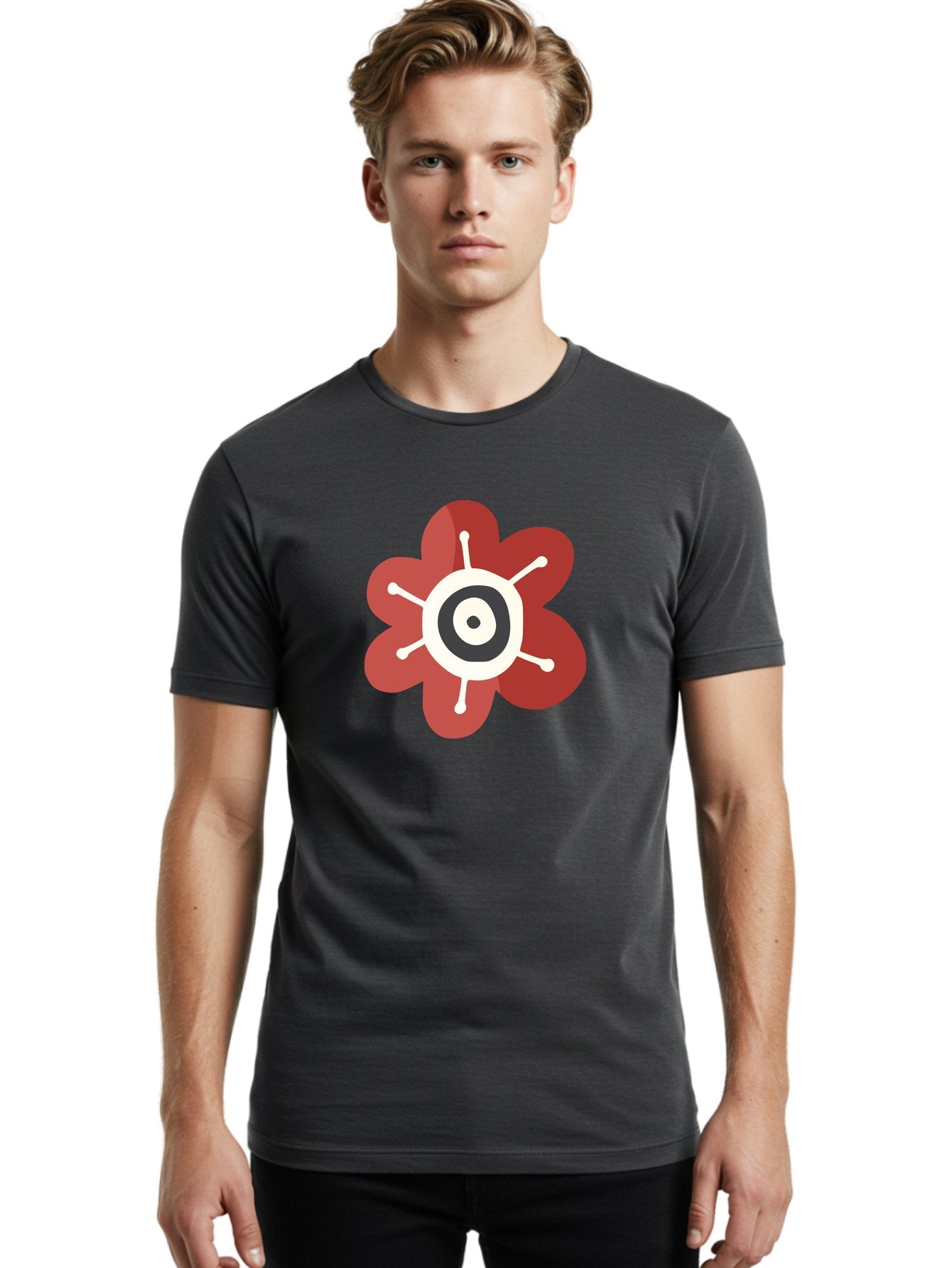 Red-Flower-1 Men'S Graphic Tee, 100% Cotton, Comfortable Casual Summer Wear, Machine Washable, Red Flower Illustration, Stylized Floral Design, Abstract Flower, Minimalist Art, White And Black Center, Bold Graphics, Modern Icon Aad742 17