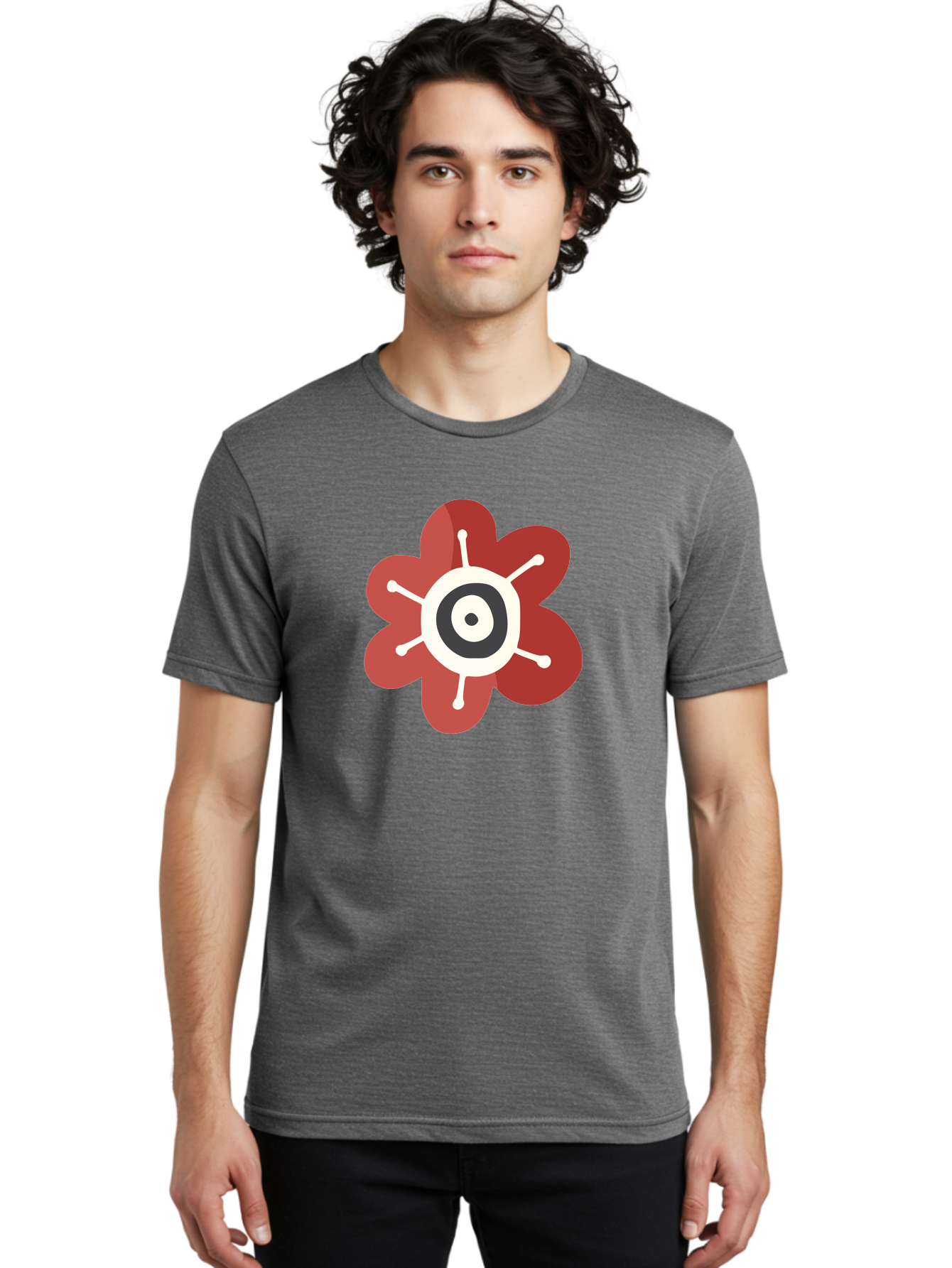 Red-Flower-1 Men'S Graphic Tee, 100% Cotton, Comfortable Casual Summer Wear, Machine Washable, Red Flower Illustration, Stylized Floral Design, Abstract Flower, Minimalist Art, White And Black Center, Bold Graphics, Modern Icon Aad742