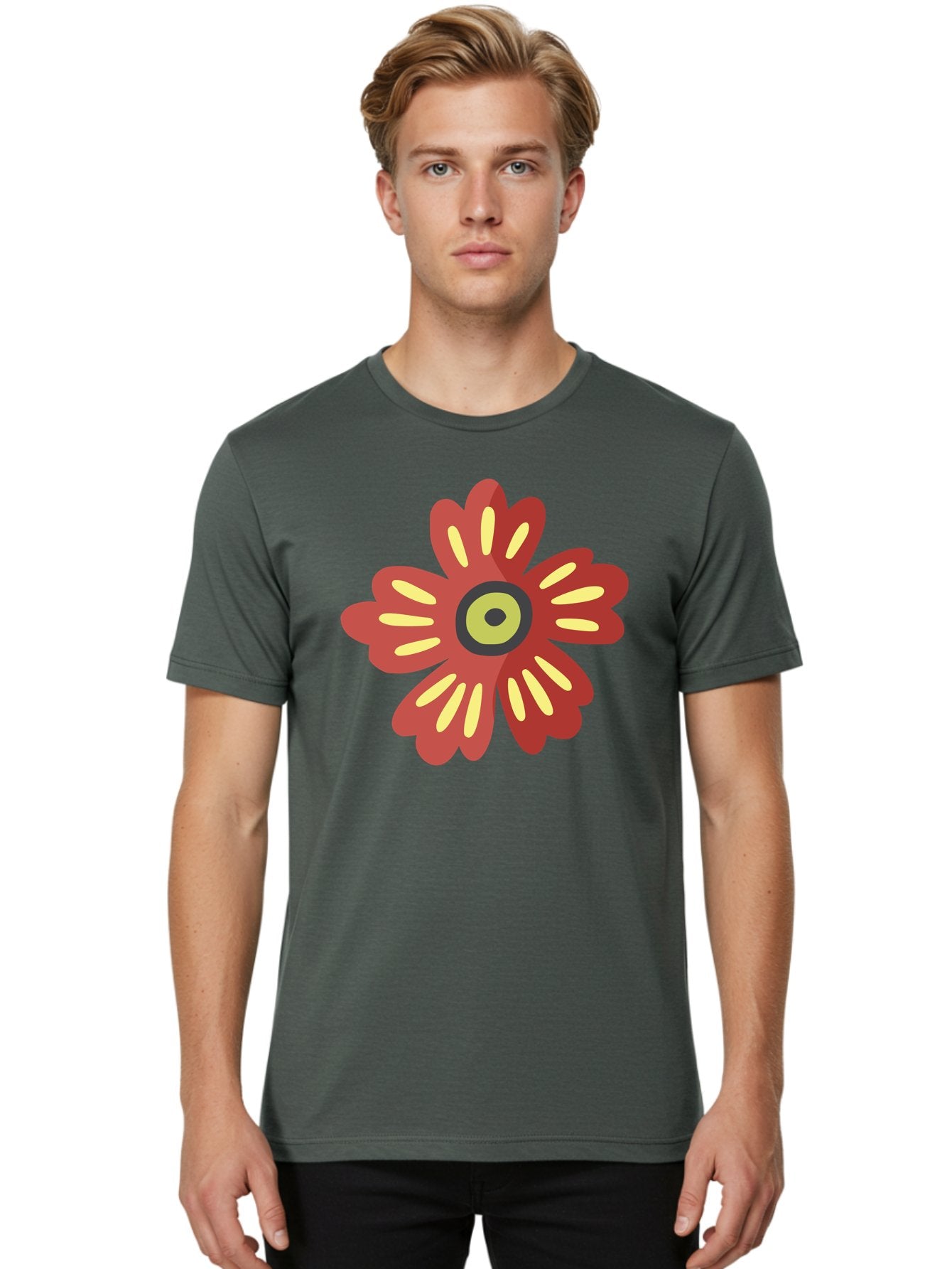 Red-Flower-2 Men'S Graphic Tee, 100% Cotton, Comfortable Casual Summer Wear, Machine Washable, Red Flower Illustration, Yellow And Black Center, Floral Design, Abstract Flower, Graphic Art, Modern Illustration, Simple Shapes, Bold Colors, Aad743 28