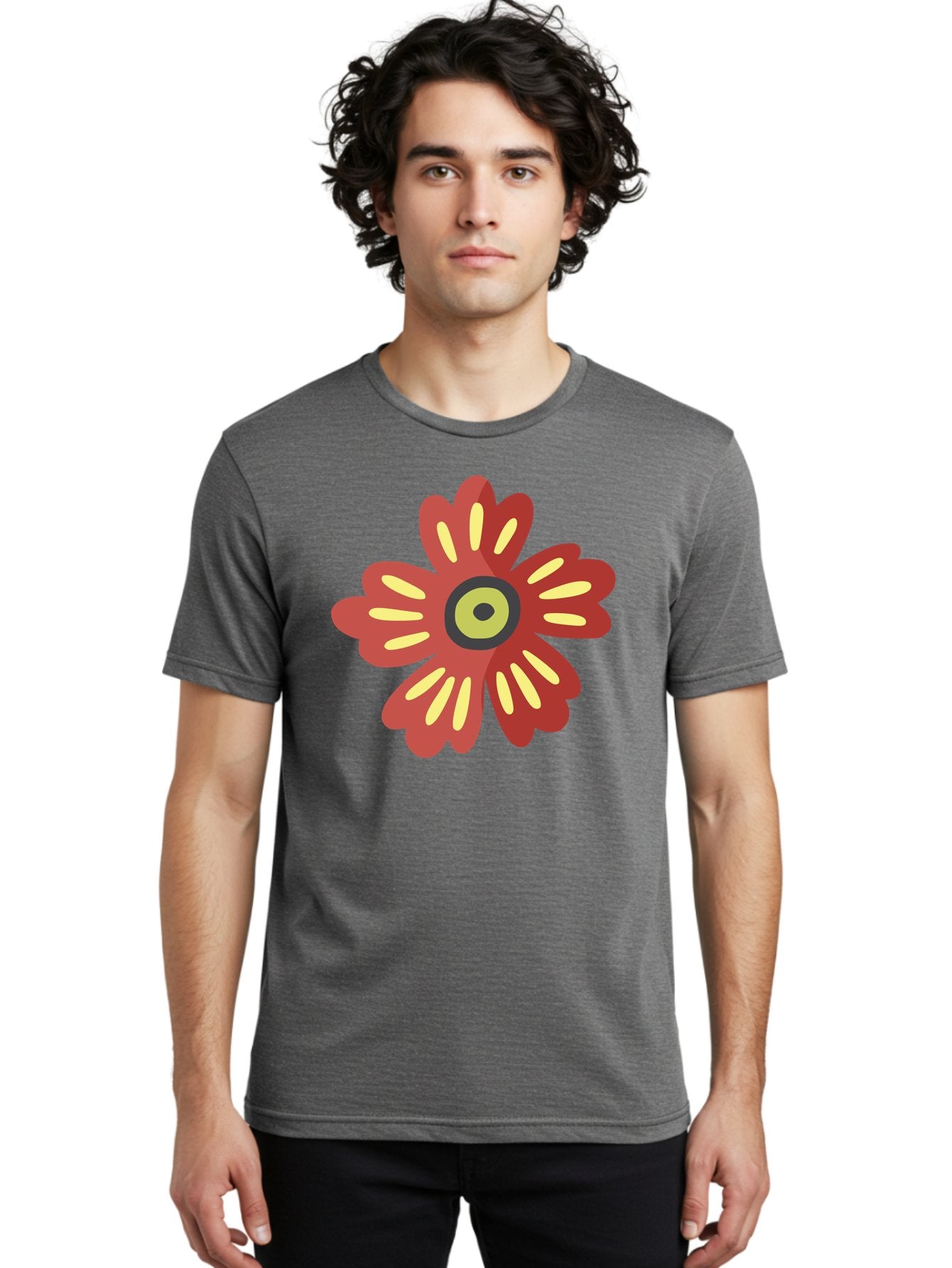 Red-Flower-2 Men'S Graphic Tee, 100% Cotton, Comfortable Casual Summer Wear, Machine Washable, Red Flower Illustration, Yellow And Black Center, Floral Design, Abstract Flower, Graphic Art, Modern Illustration, Simple Shapes, Bold Colors, Aad743 18